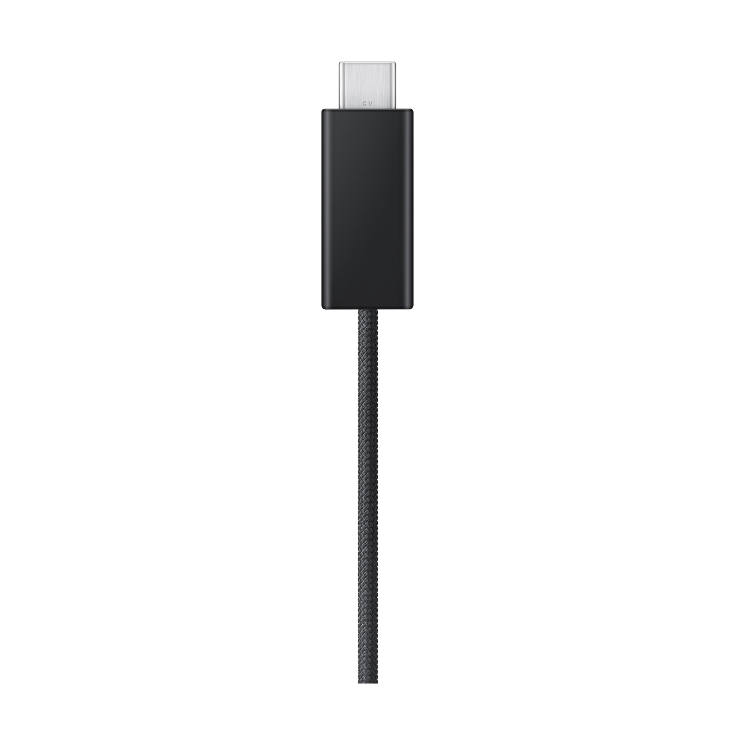 Un cavo USB-C nero con connettore argentato su sfondo bianco.