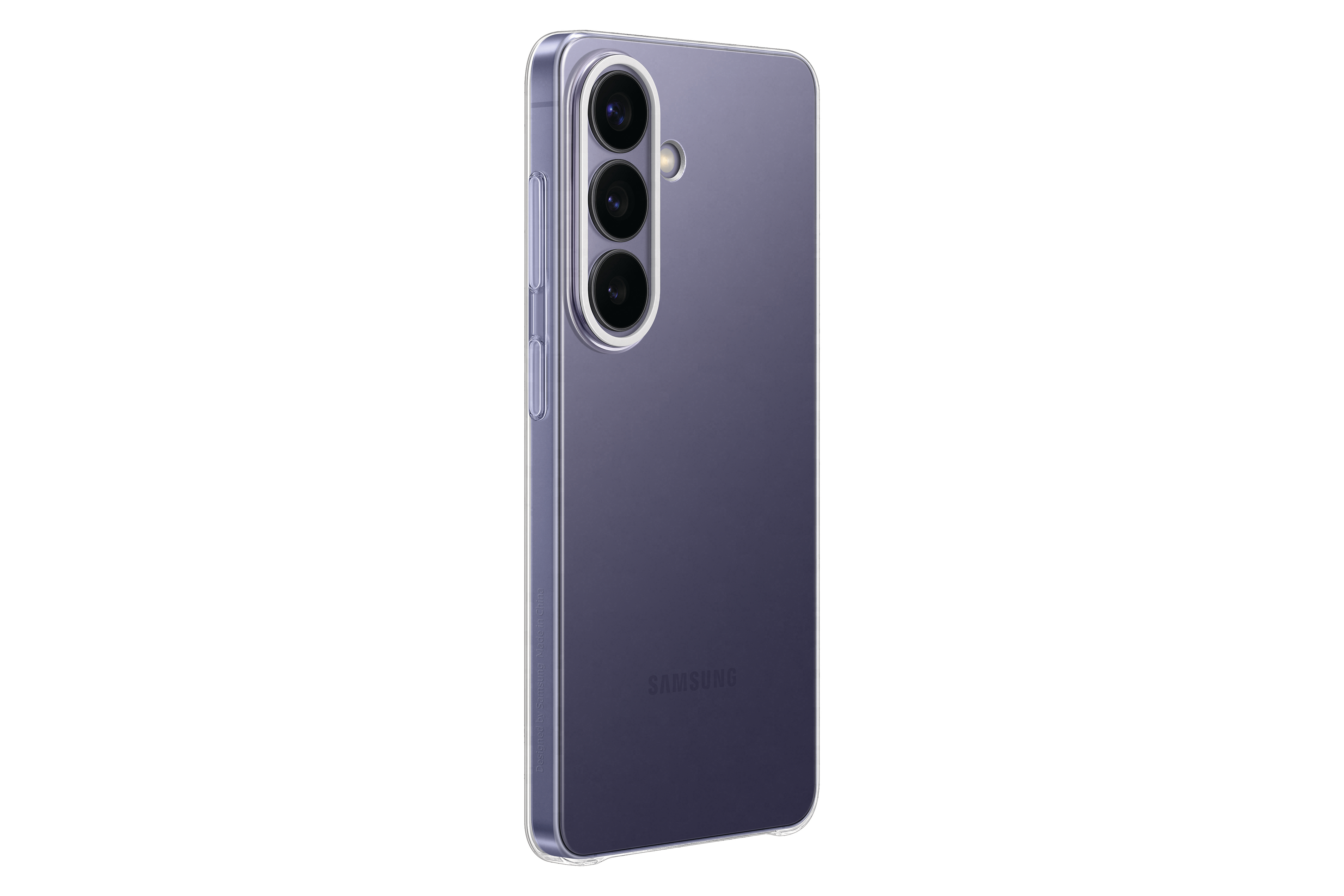 Lila Smartphone mit transparenter Hülle und drei Kameras auf der Rückseite.
