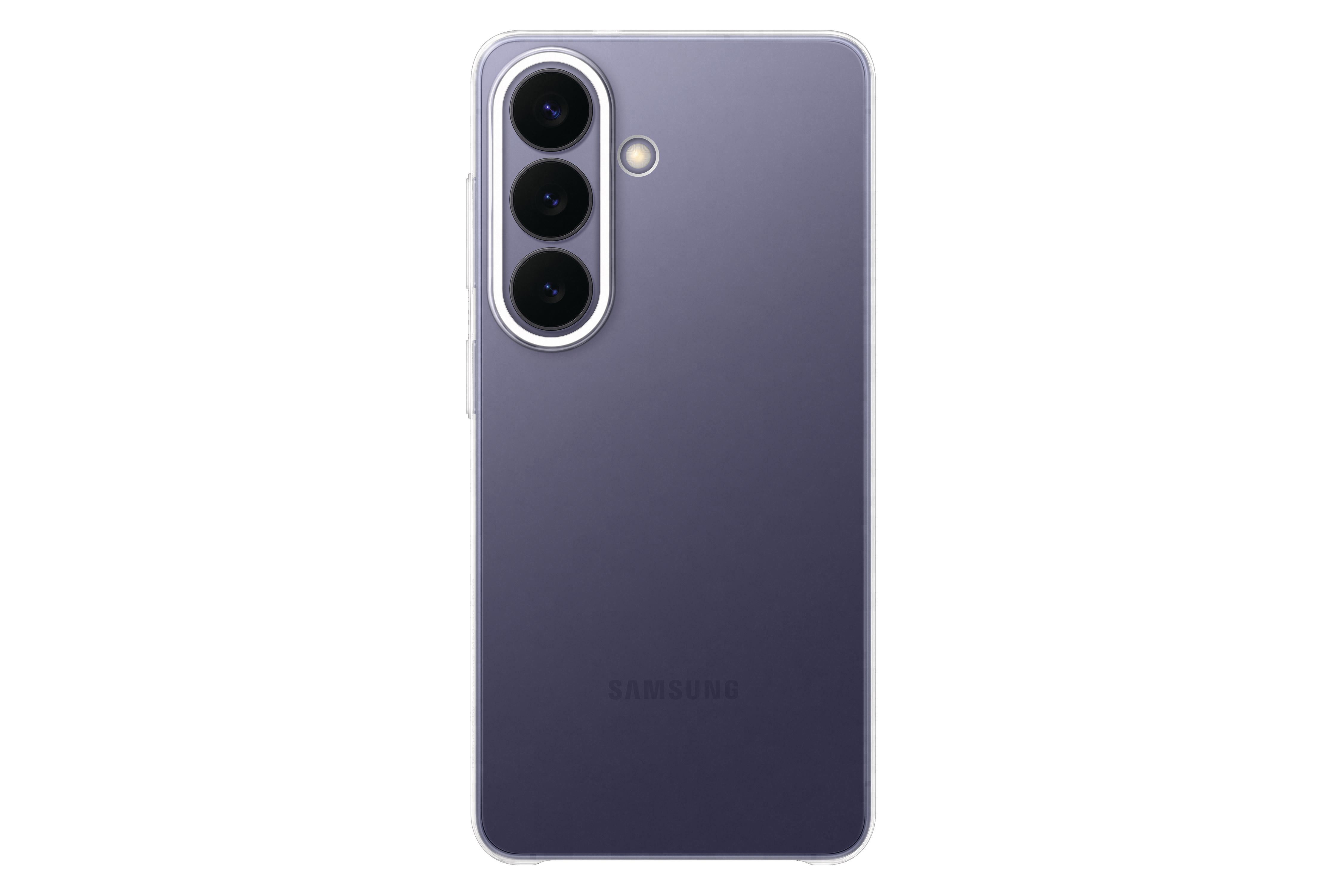 Rückseite eines lila Smartphones mit drei Kameras und Blitz.