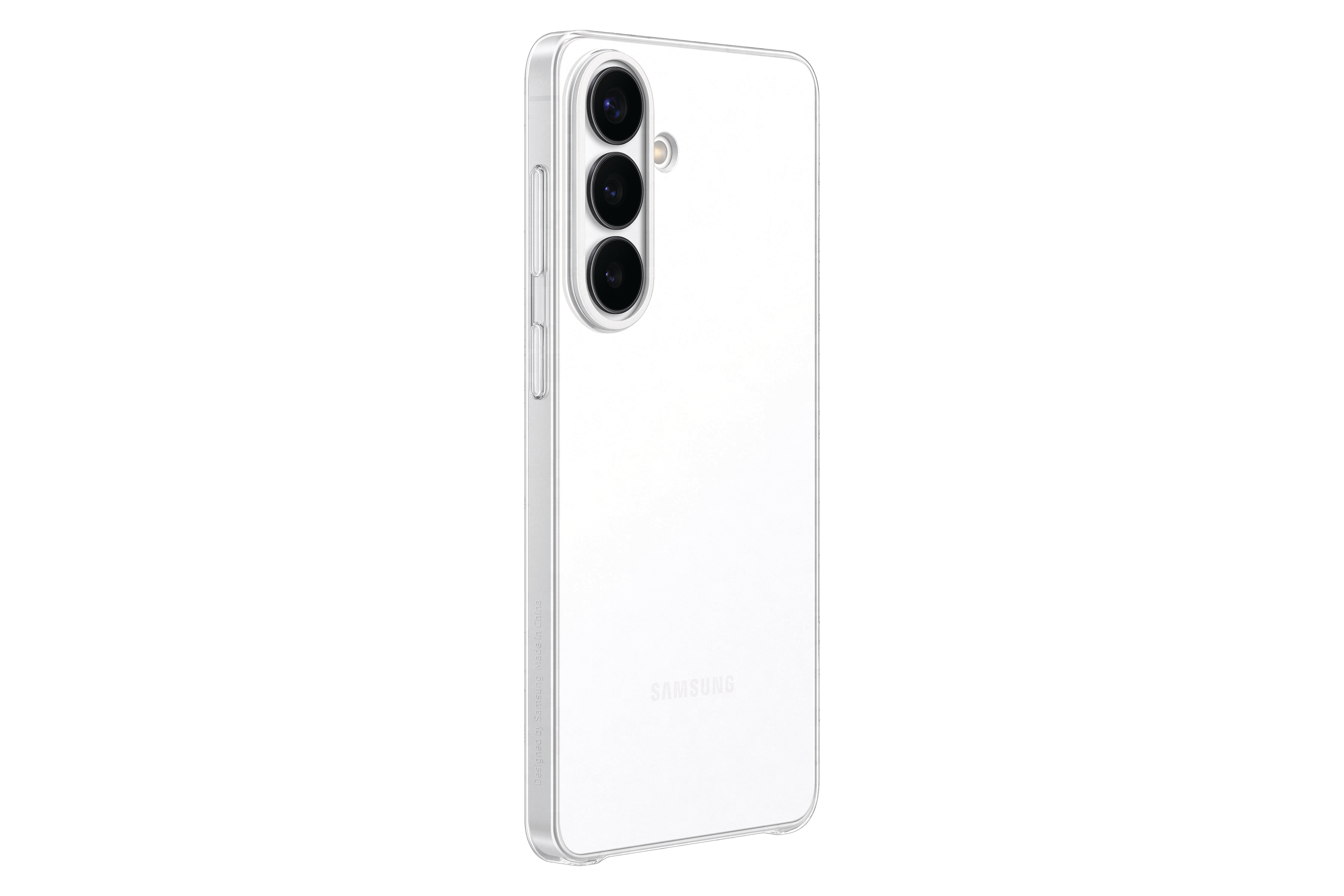 Durchsichtiges Samsung Handy mit drei Kameras und Logo.