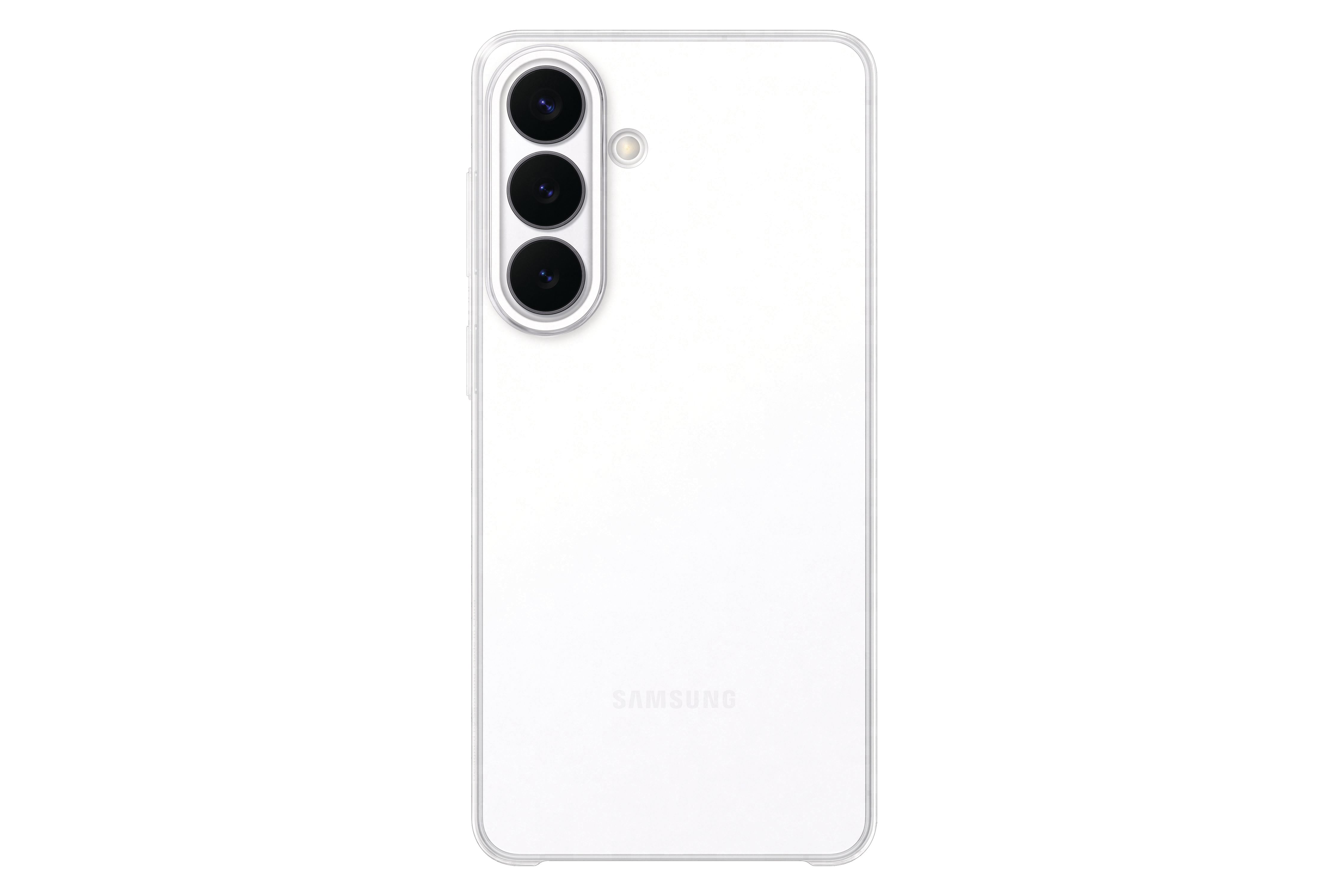 Weiße Rückseite eines Smartphones mit drei Kameras und Blitz.