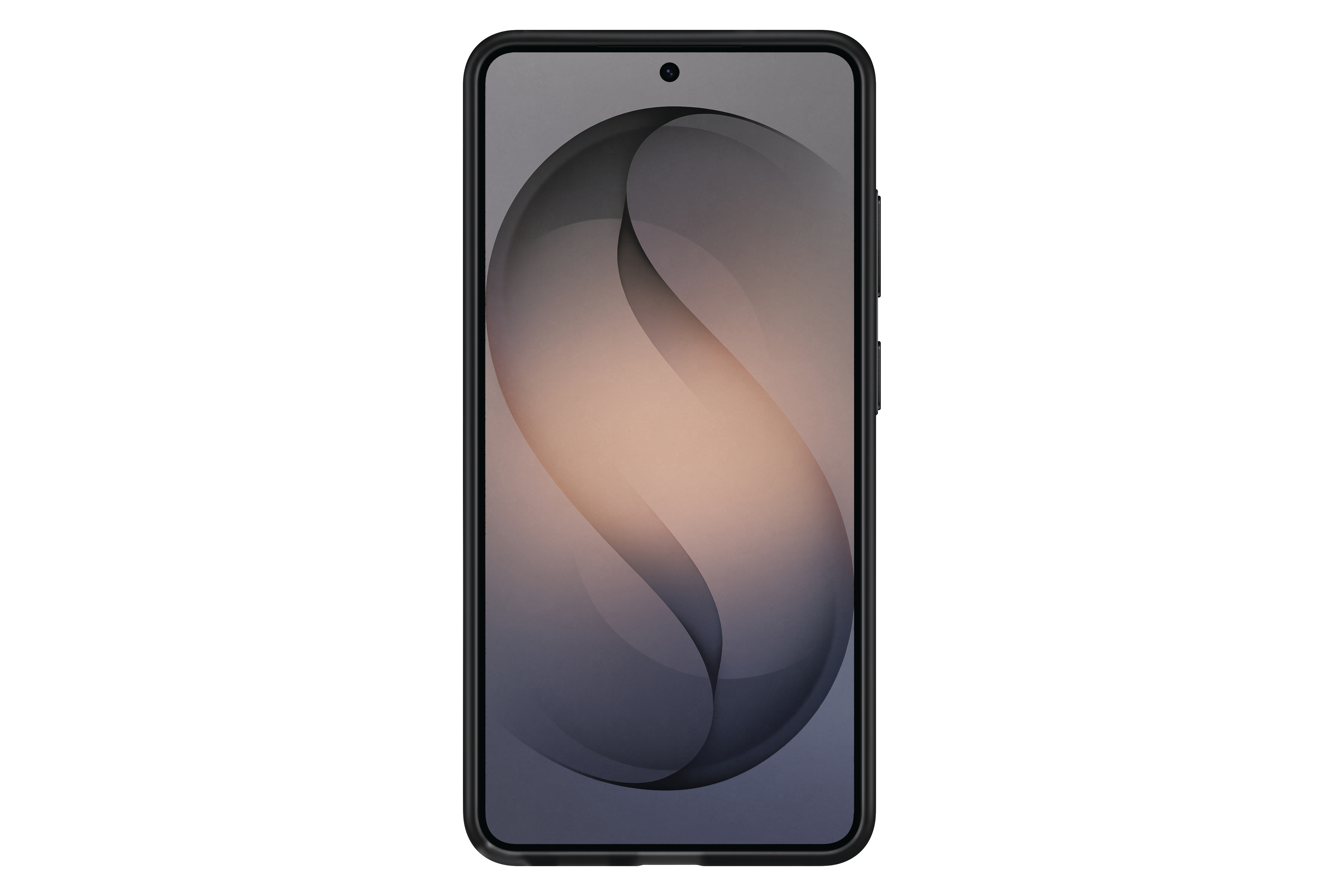 Ein schwarzes Smartphone mit einem abstrakten, graubraunen Hintergrund auf dem Bildschirm.