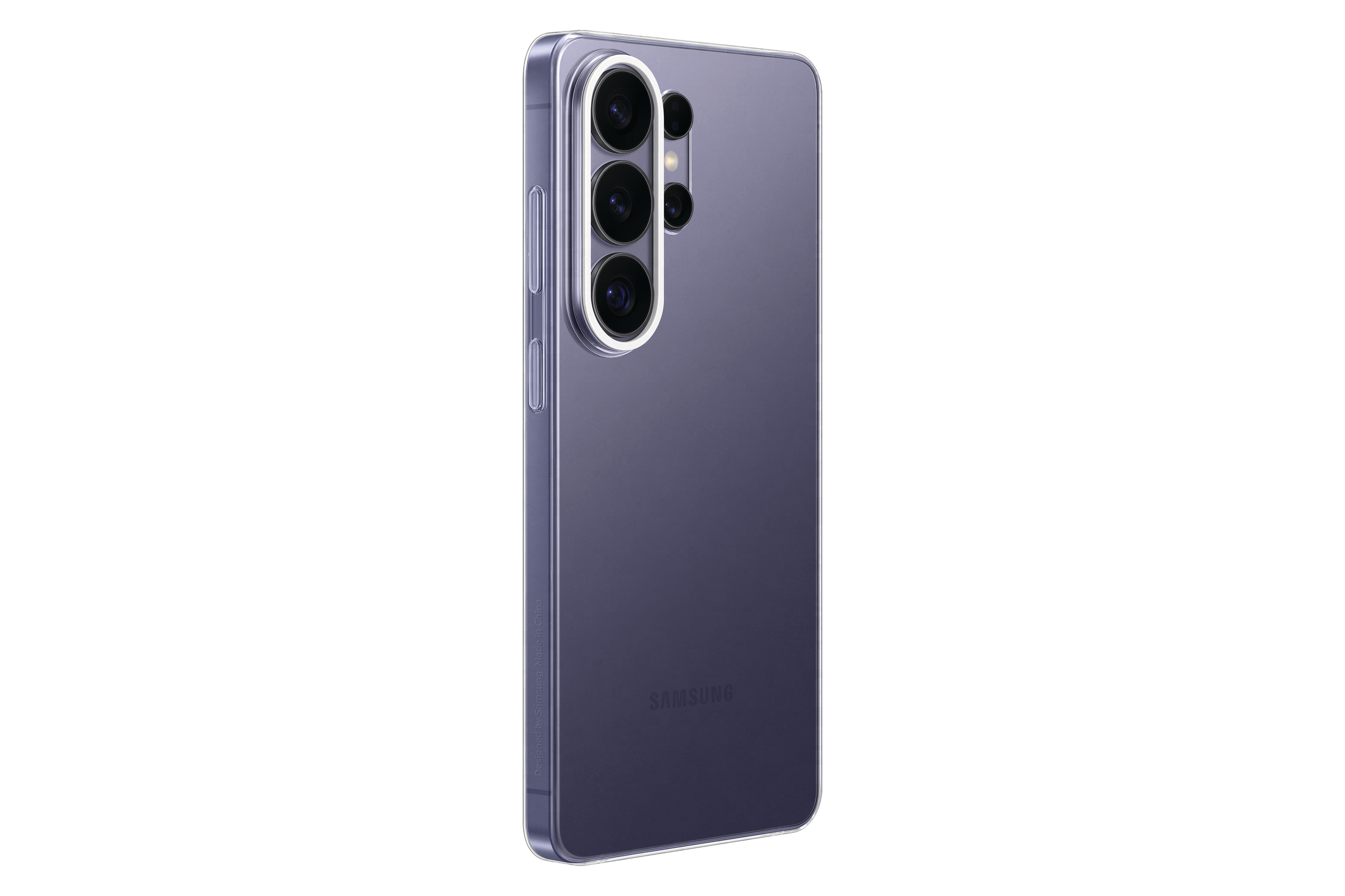 Lila Smartphone mit vier Kameras auf der Rückseite, auf weißem Hintergrund.