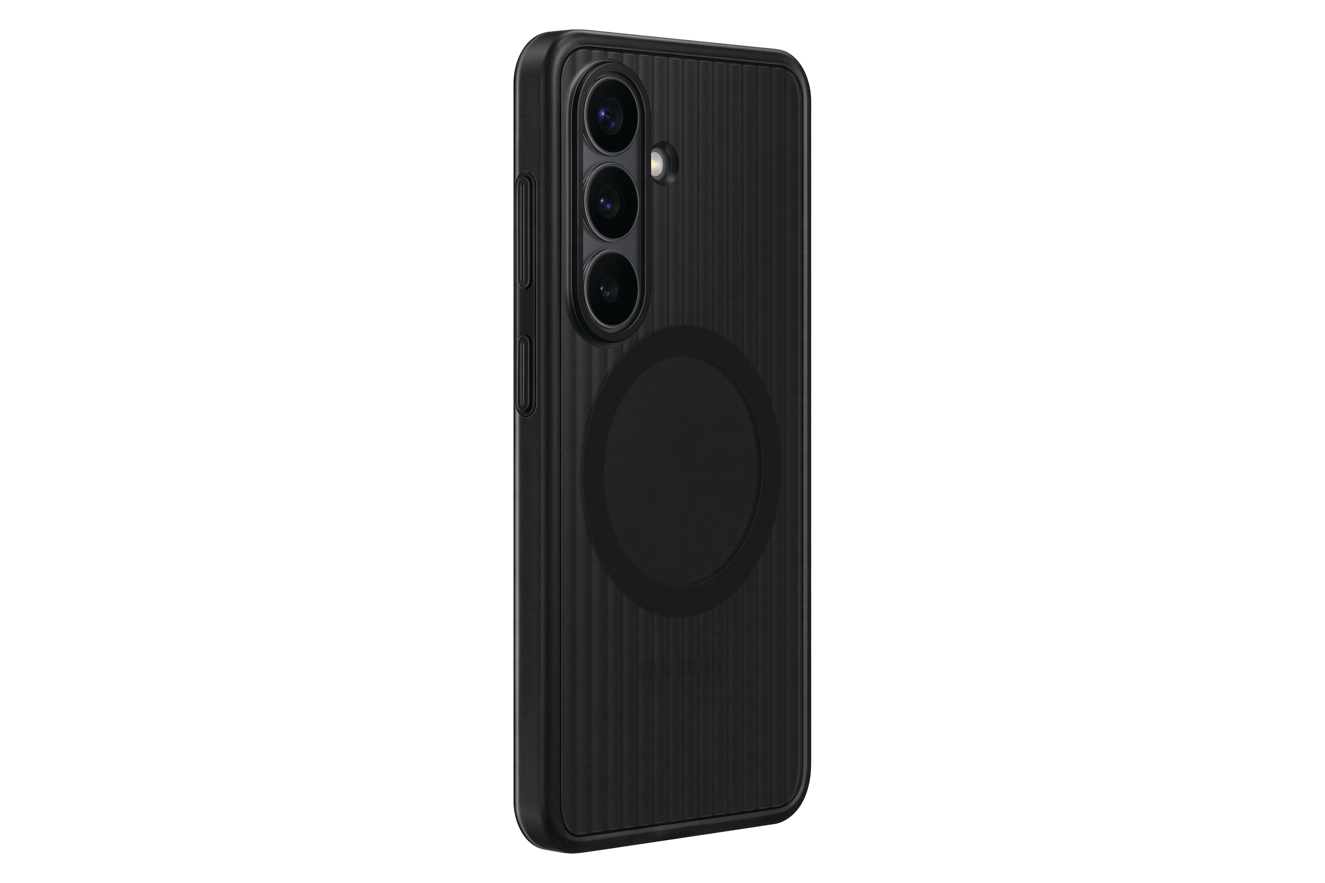 Schwarzes Smartphone-Case mit vertikalen Rillen und dreifacher Kamera.