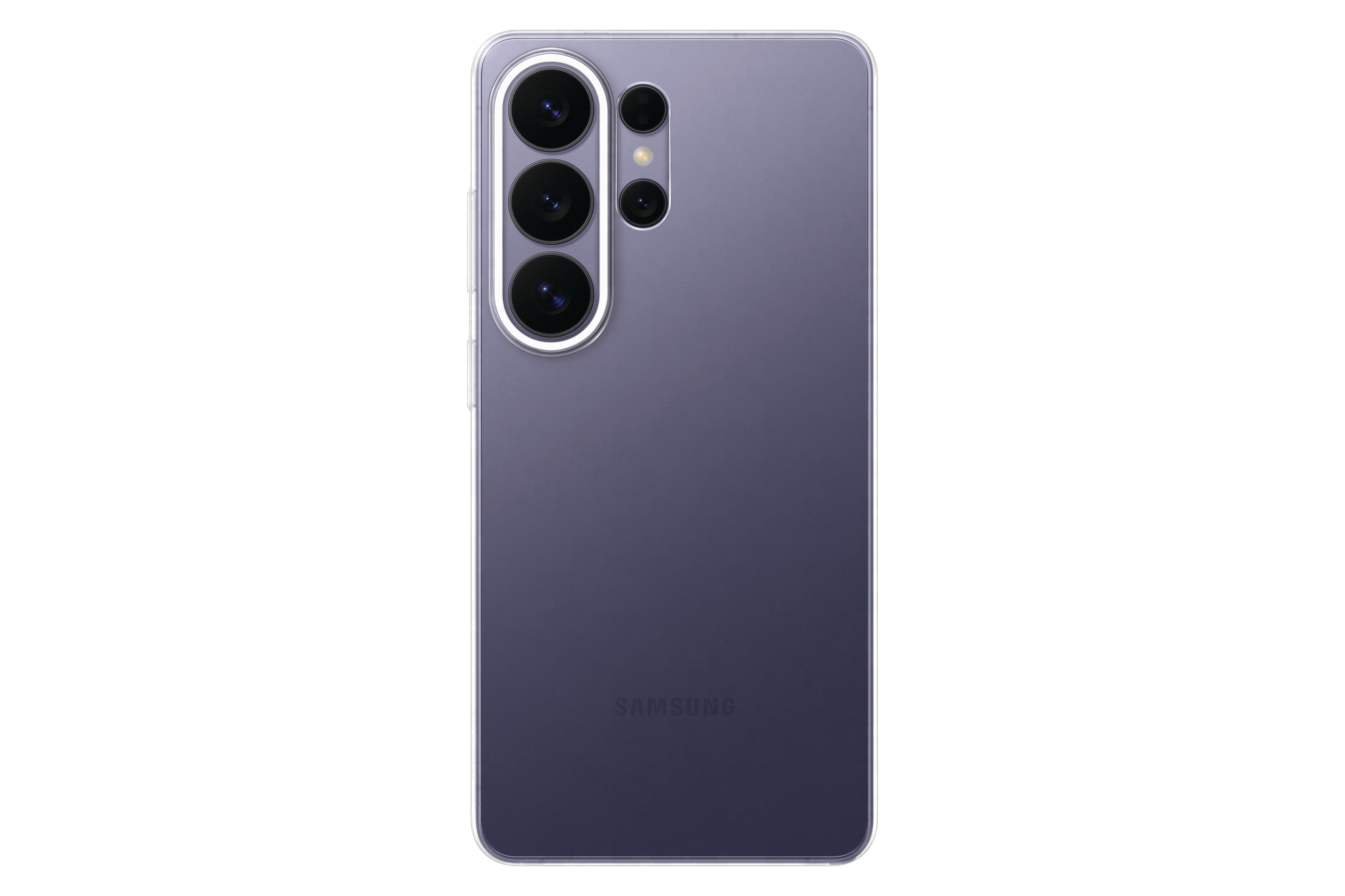 Rückseite eines violetten Samsung Smartphones mit drei Kameras und Blitz.
