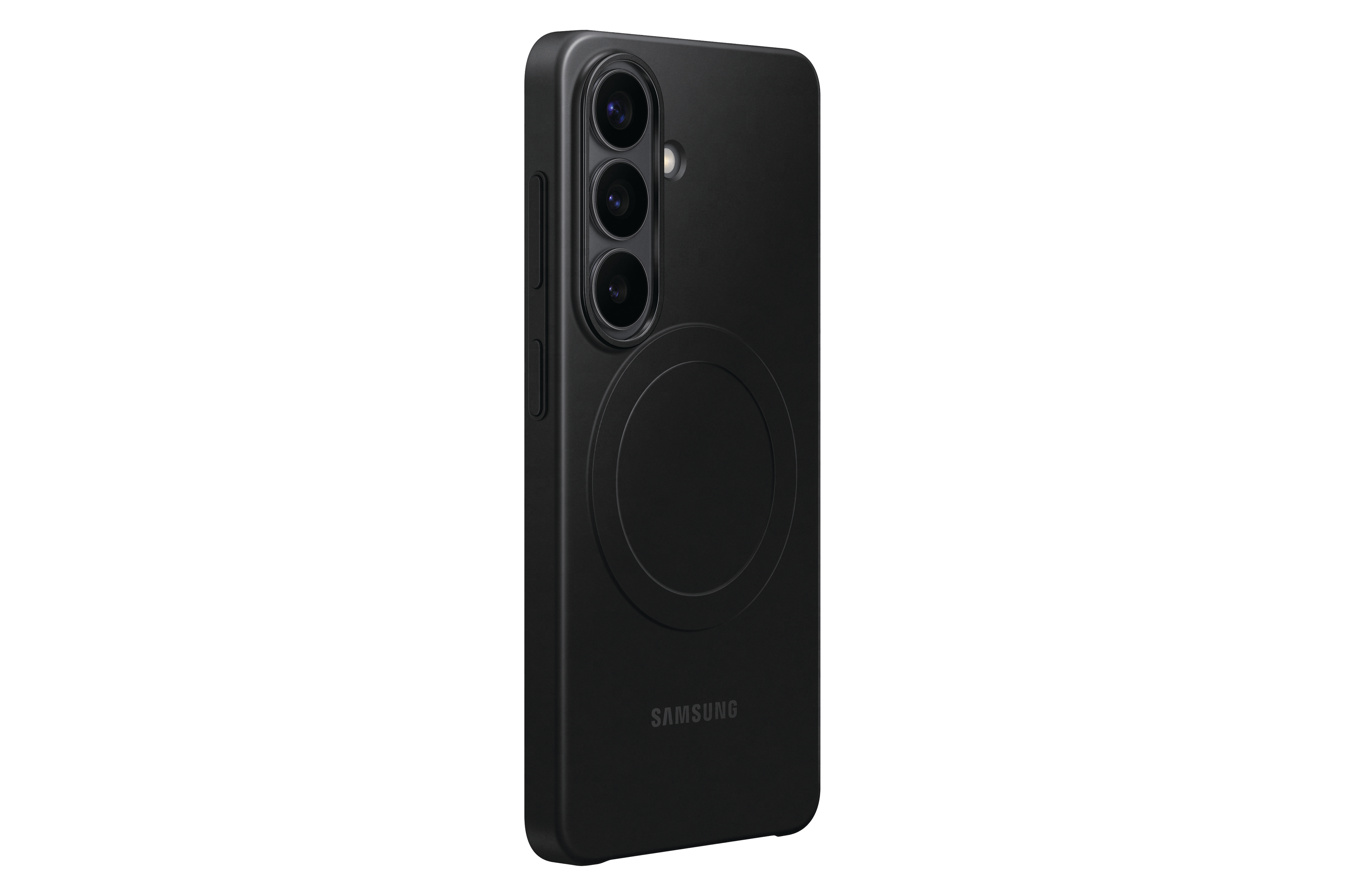 Schwarzes Samsung Handy mit drei Kameras und einem runden MagSafe-Bereich.