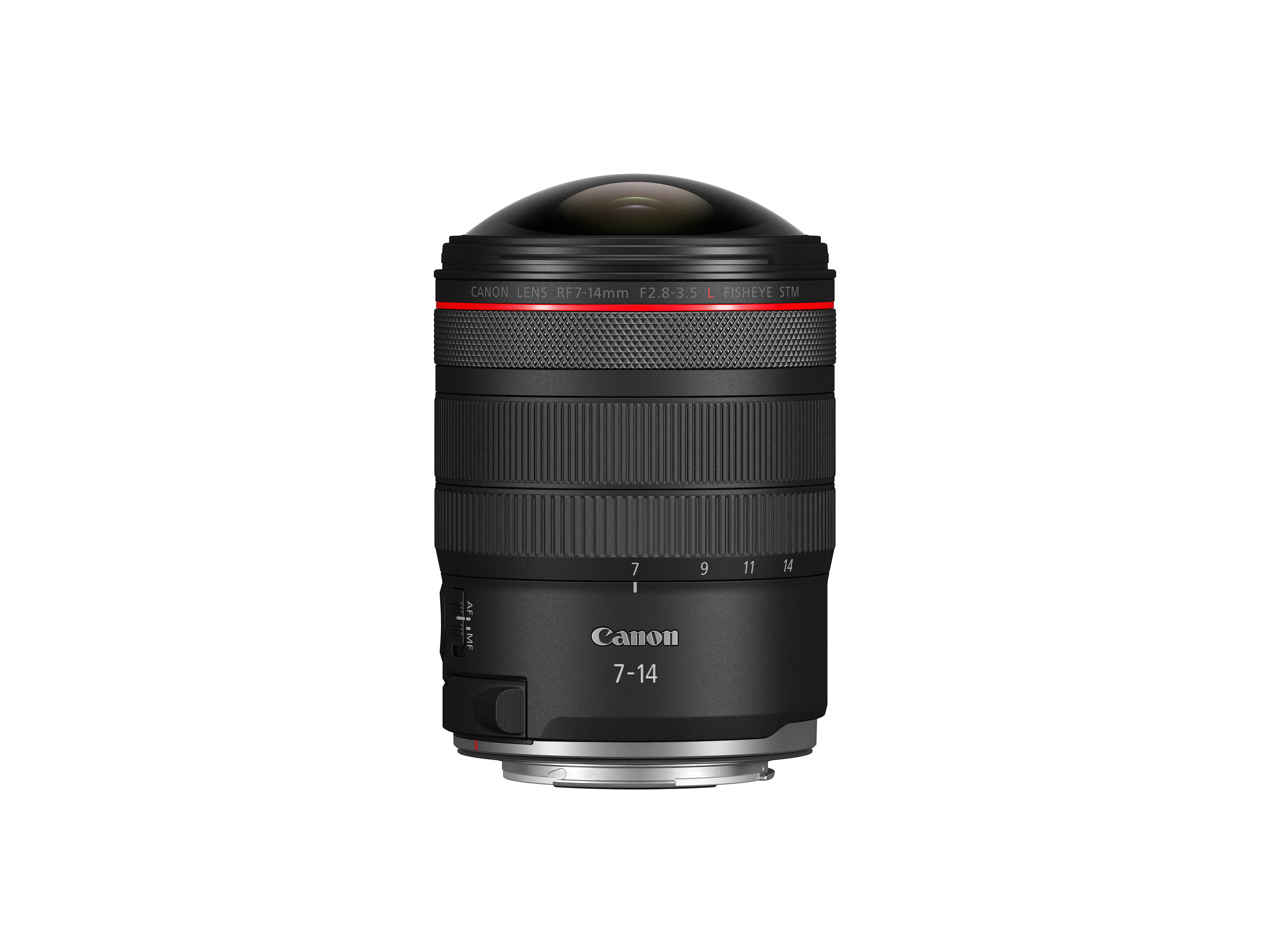 Canon RF 7-14mm F2.8-3.5 L Fisheye STM Objektiv mit roten Akzenten.