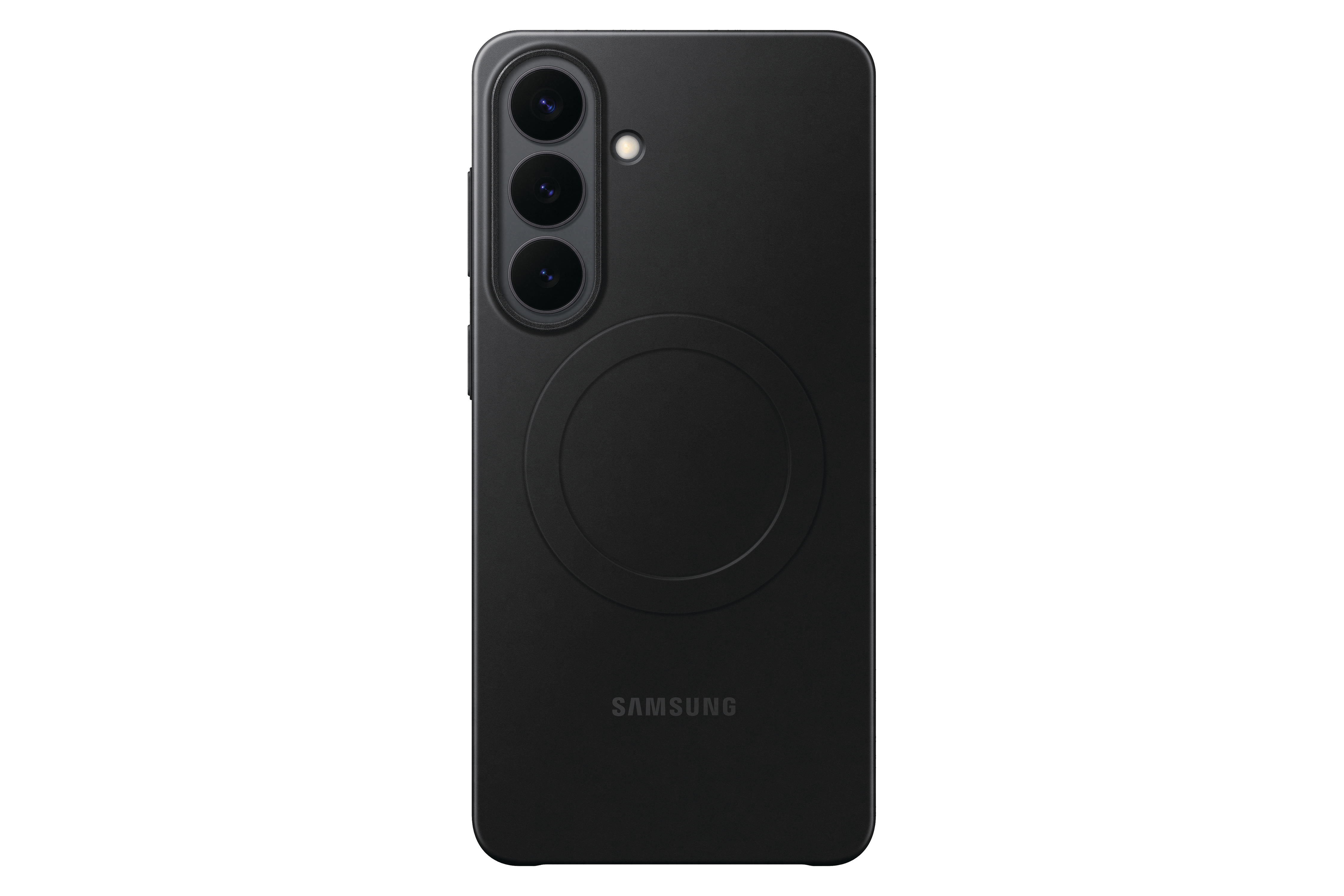 Schwarzes Smartphone mit drei Kameras und kreisförmiger Vertiefung auf der Rückseite.