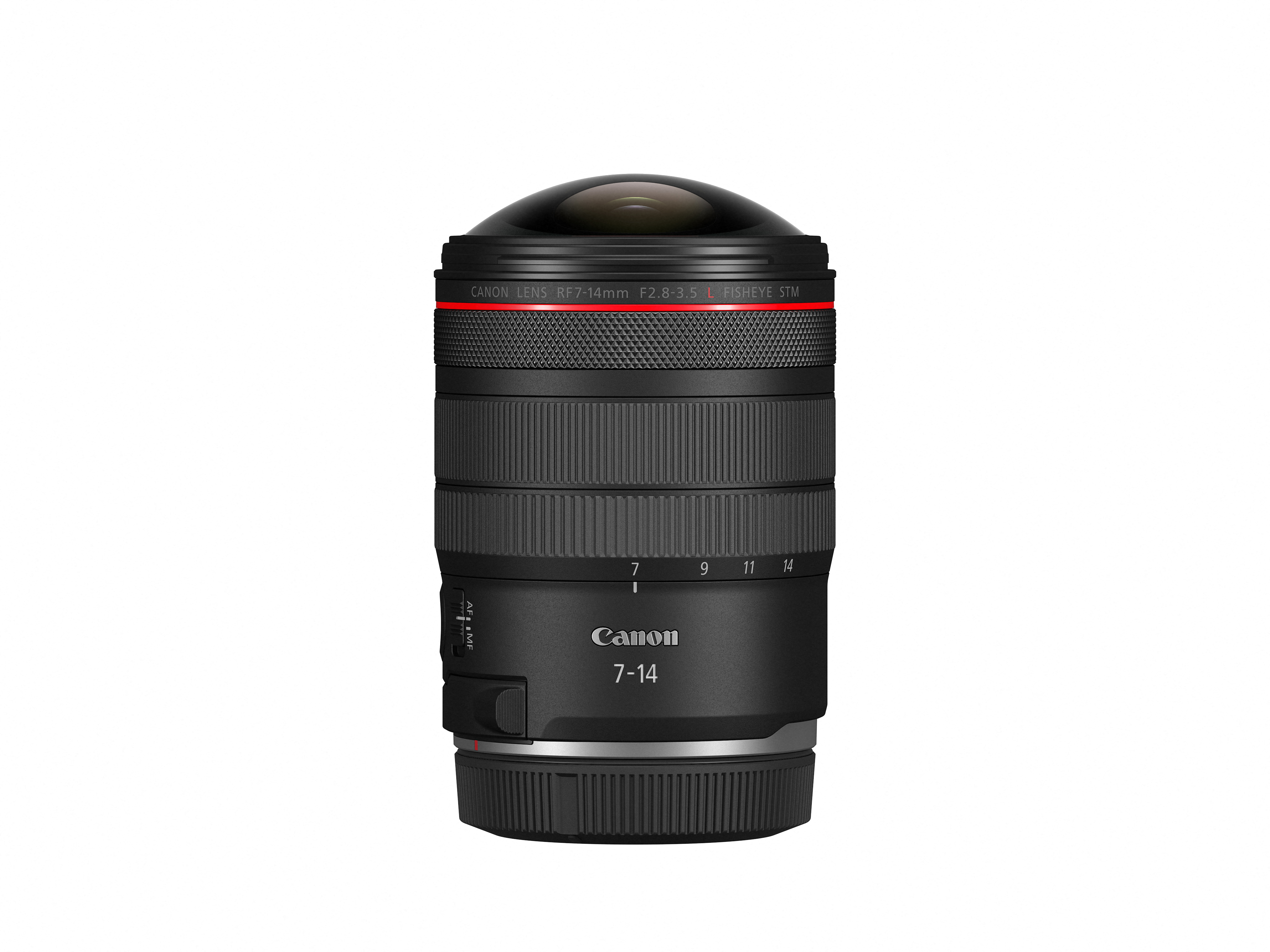 Canon RF 7-14mm Fisheye Objektiv mit rotem Ring und Fokusmarkierungen.