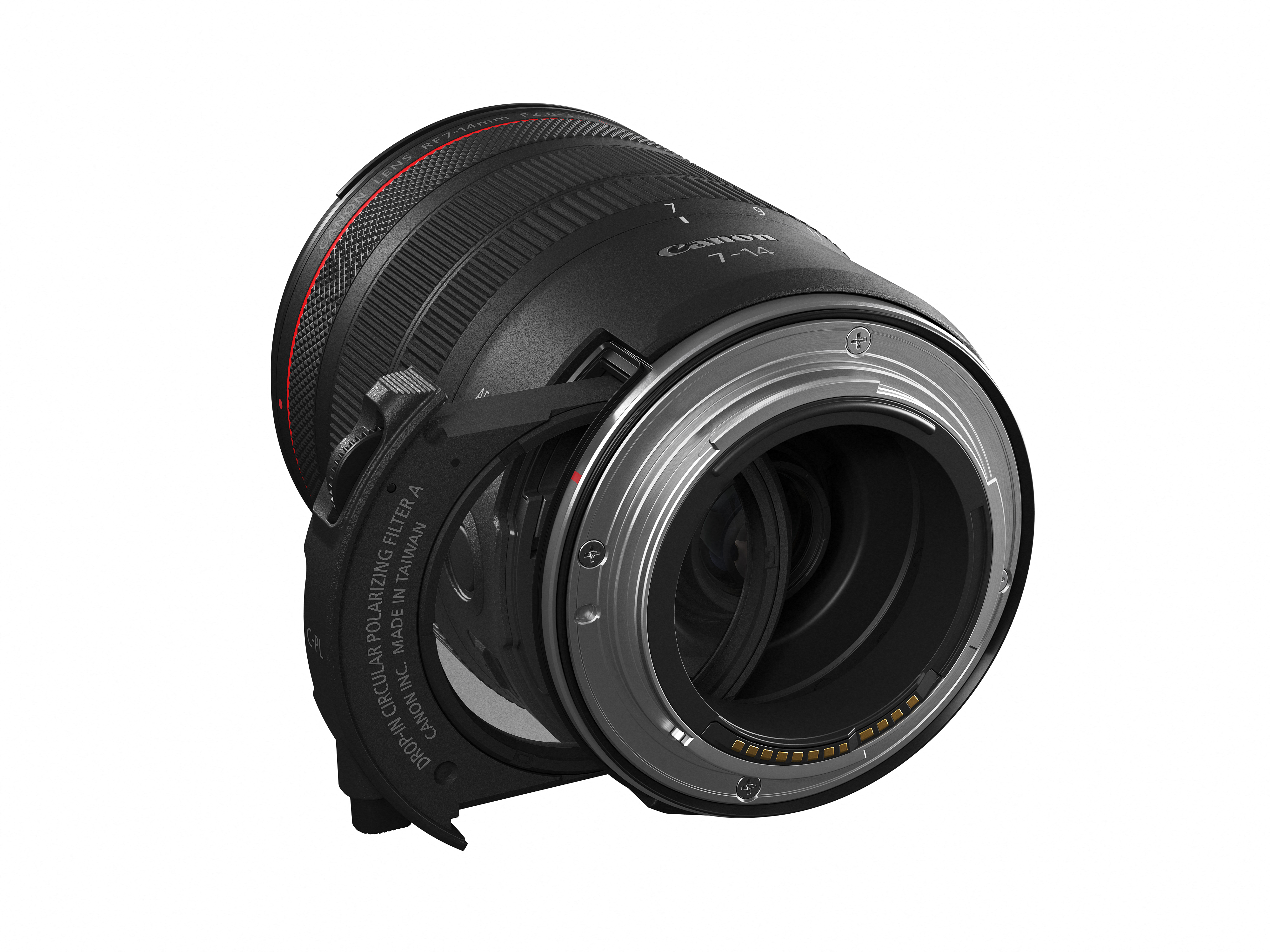 Canon RF 7-14mm Objektiv mit silbernem Bajonett, Drop-in Polarisationsfilter.