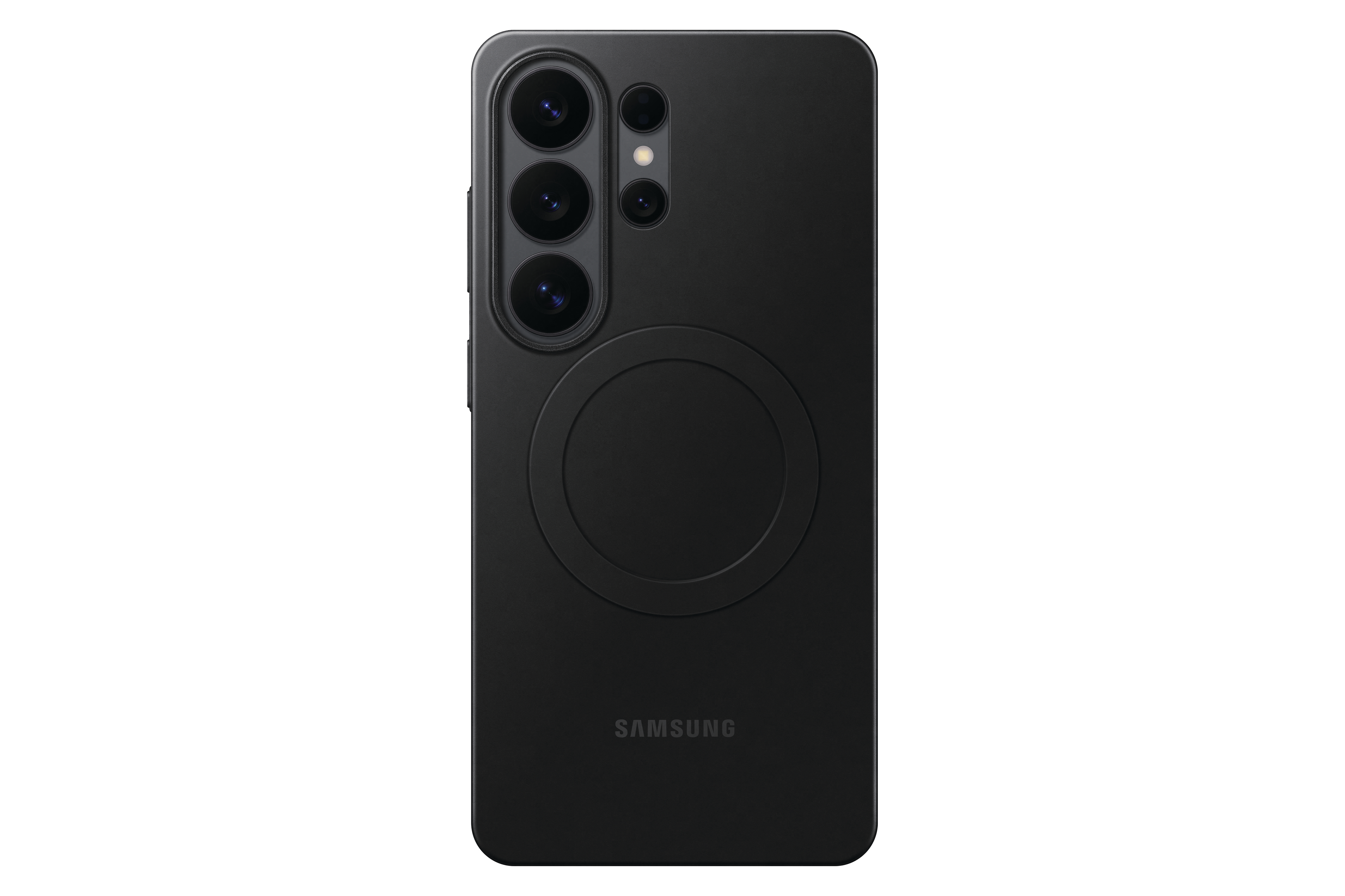 Schwarzes Handy mit mehreren Kameras und Samsung-Logo. Kreis in der Mitte.