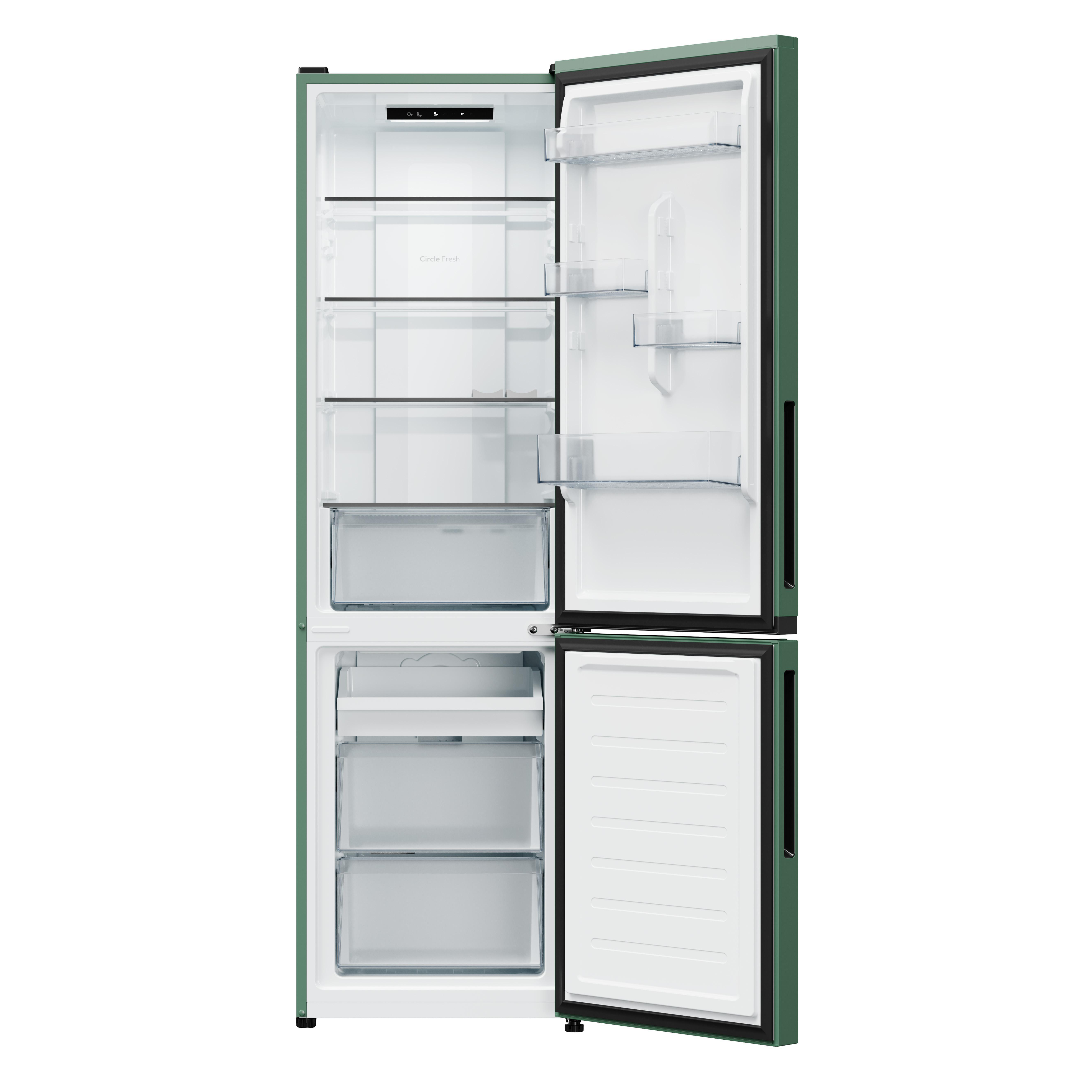 Grüner Kühlschrank mit offenen Türen, Regalen und Schubladen.
