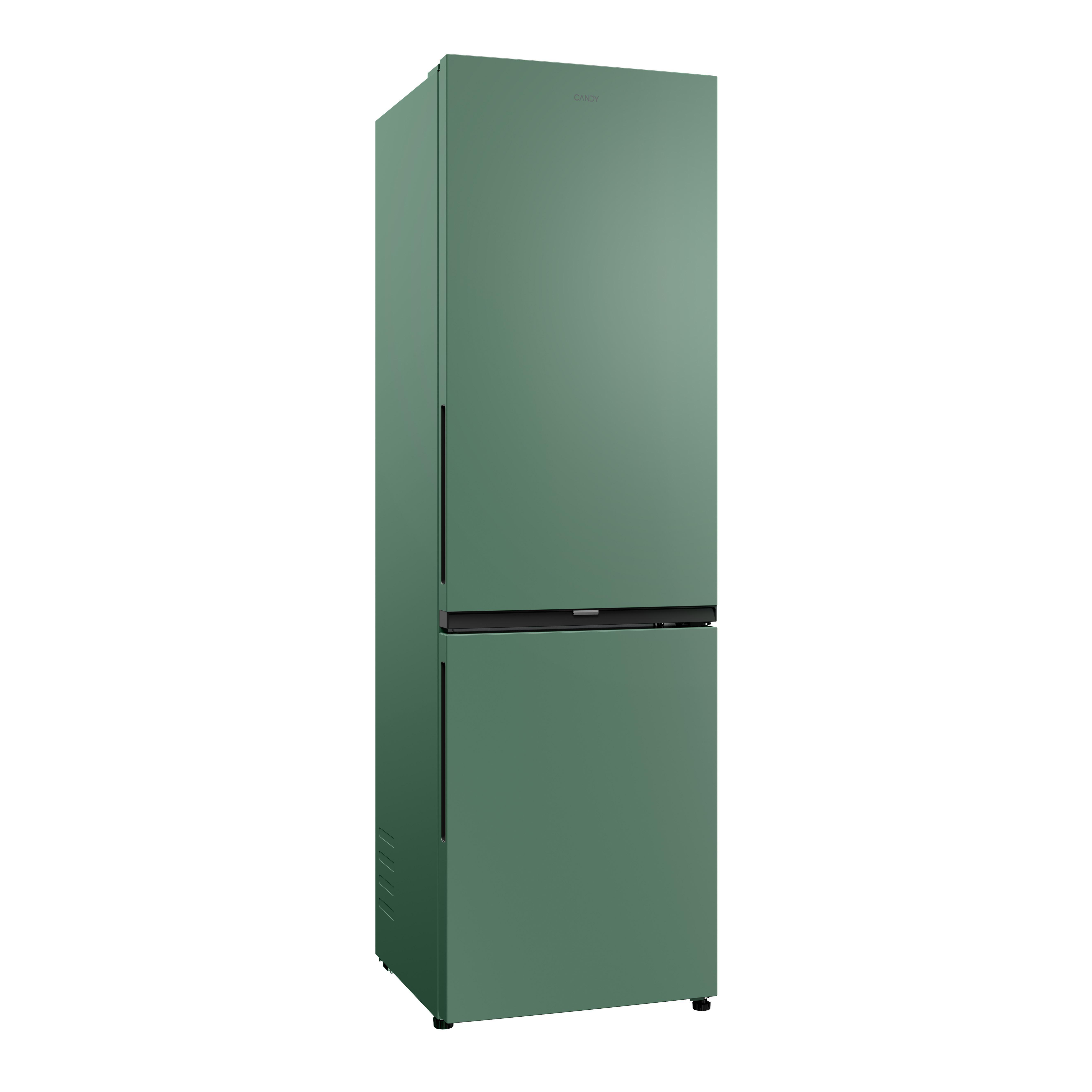 Ein hoher, schmaler, grüner Kõhlgefrierschrank mit zwei Türen und schwarzem Griff.