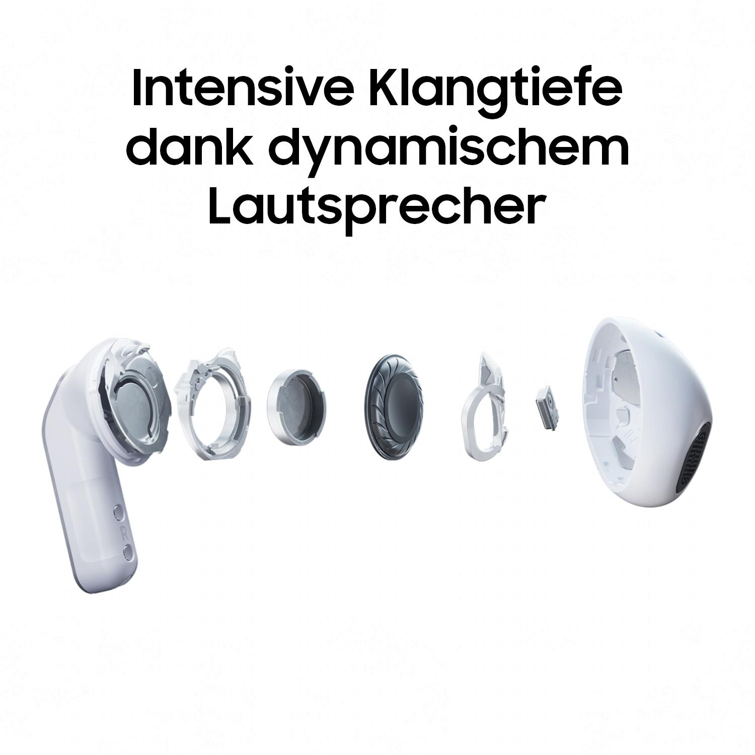 Explodierte Ansicht eines weißen Kopfhörers mit Lautsprecherkomponenten.