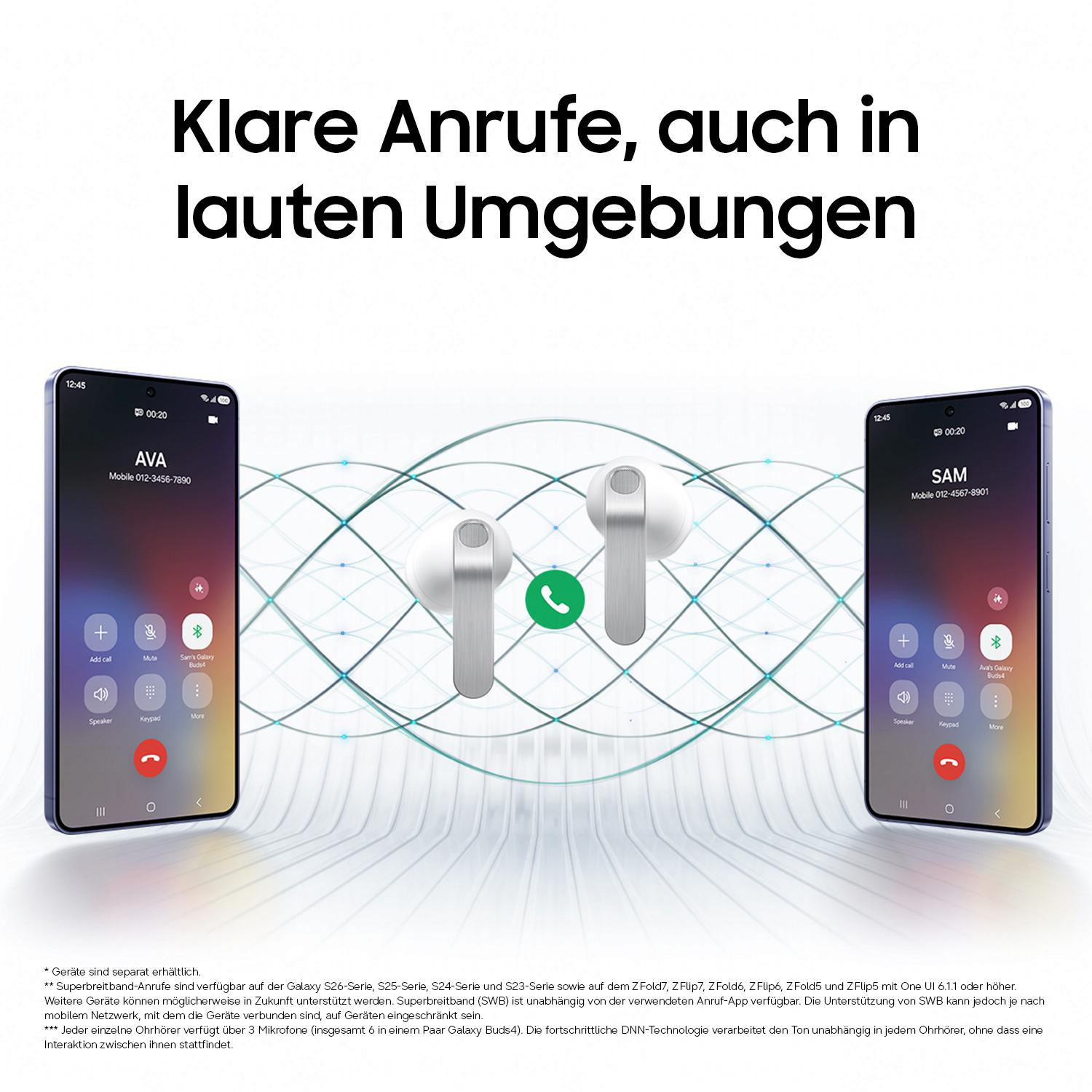 Zwei Smartphones zeigen einen Anrufbildschirm mit Galaxy Buds. Klare Anrufe in lauten Umgebungen.