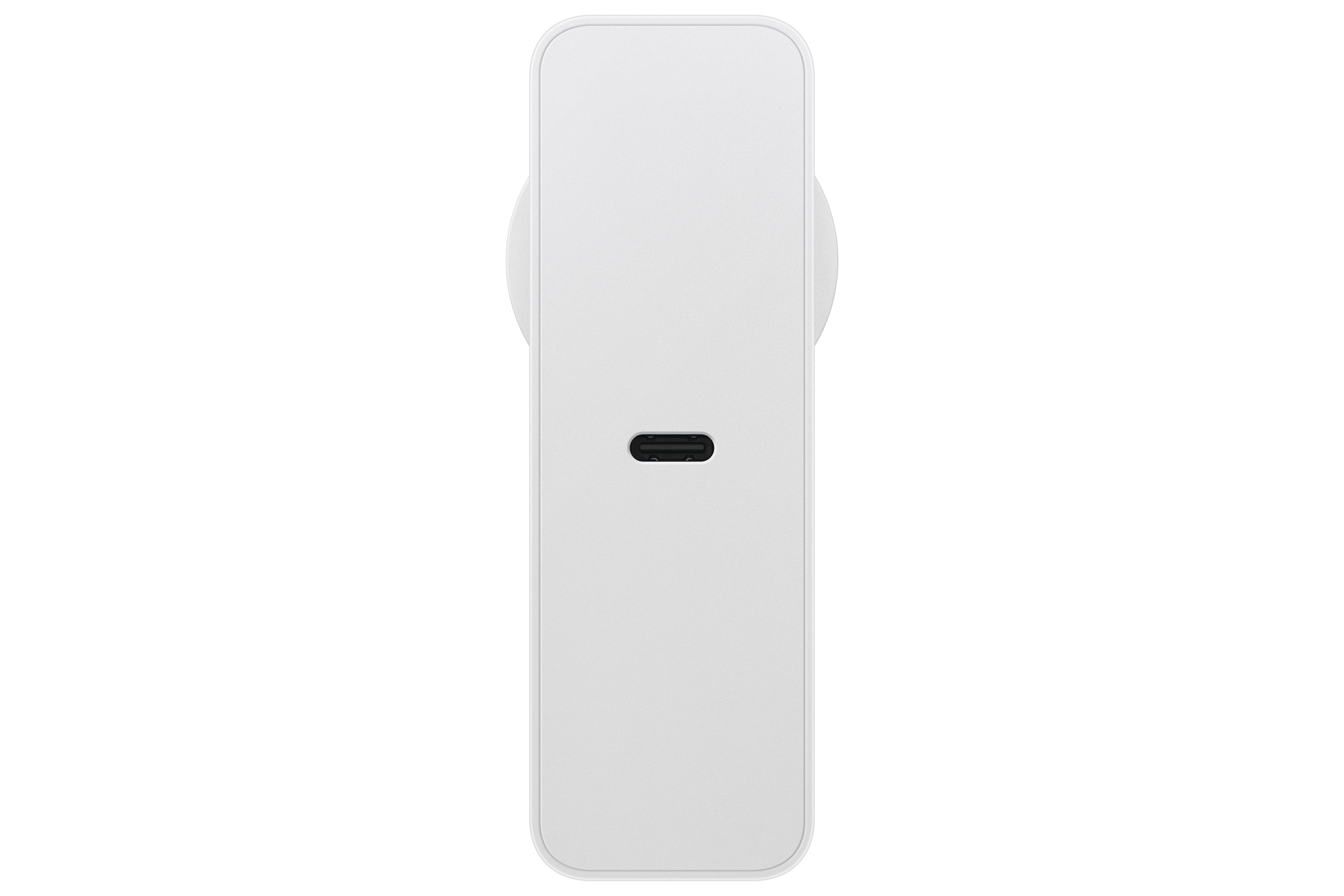 Ein weißes rechteckiges Gerät mit einem schwarzen USB-C-Anschluss in der Mitte.