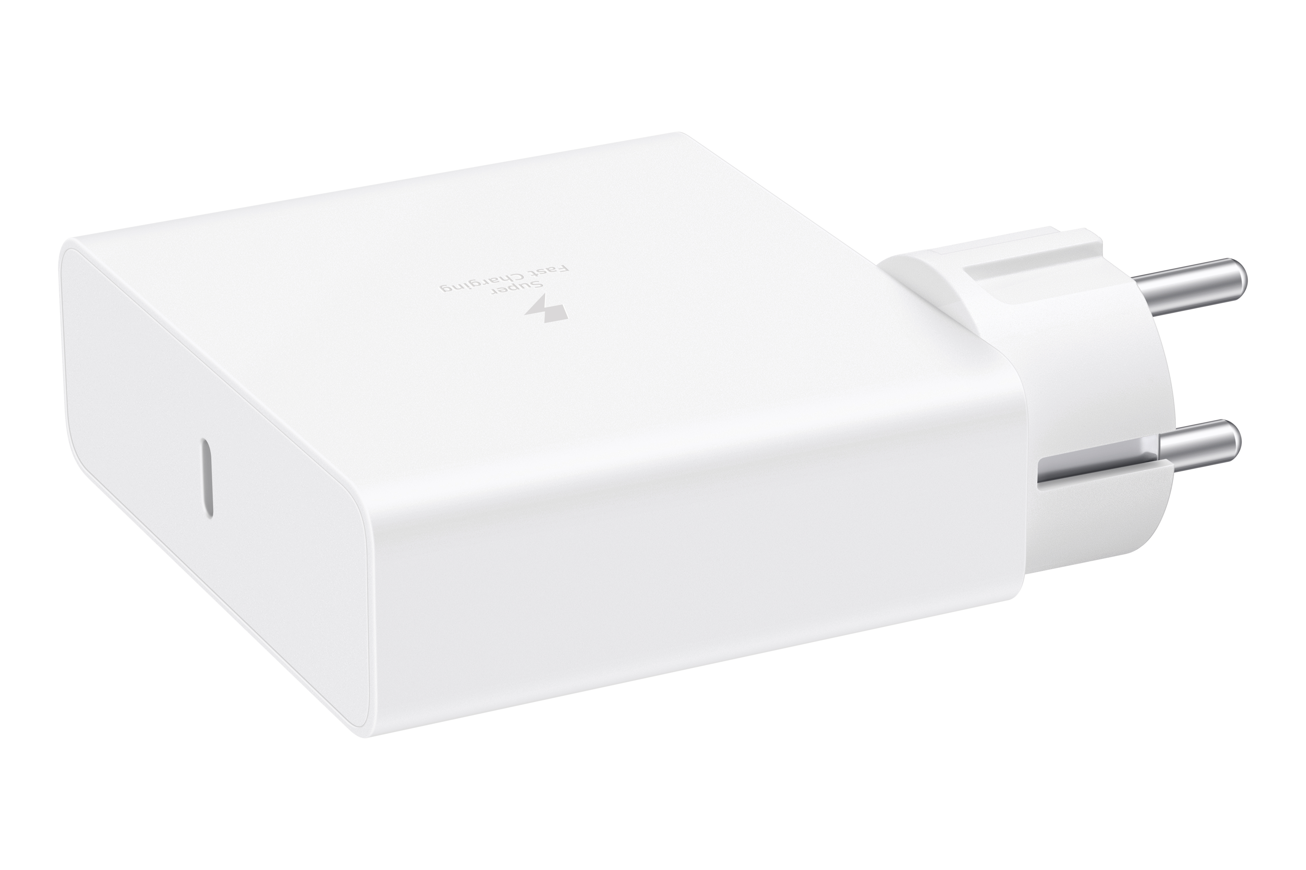 Ein weißer Schnellladegerät-Adapter mit einem USB-C-Anschluss und EU-Stecker.