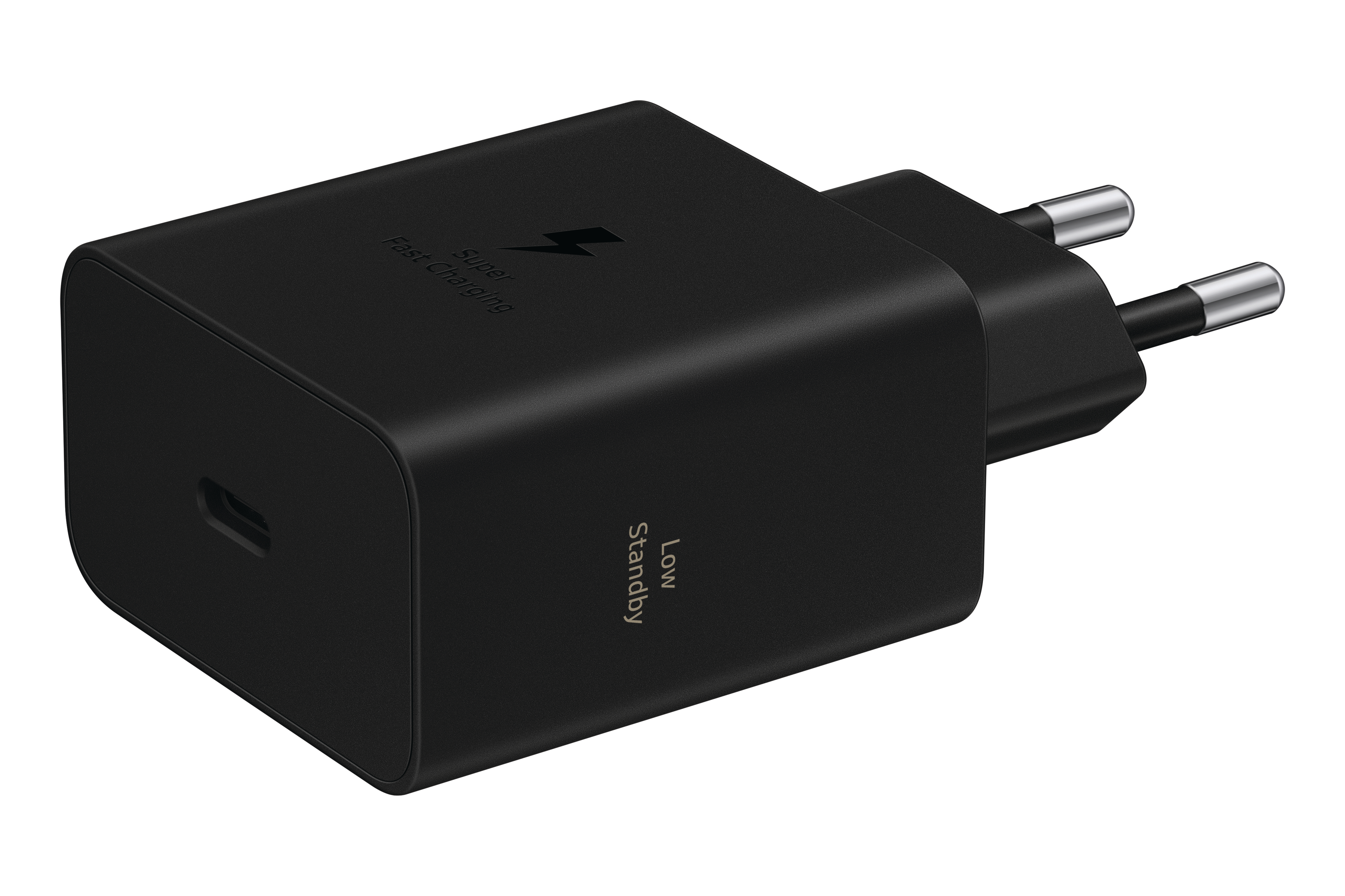 Schwarzes Netzteil mit USB-C-Anschluss und zwei silbernen Pins.
