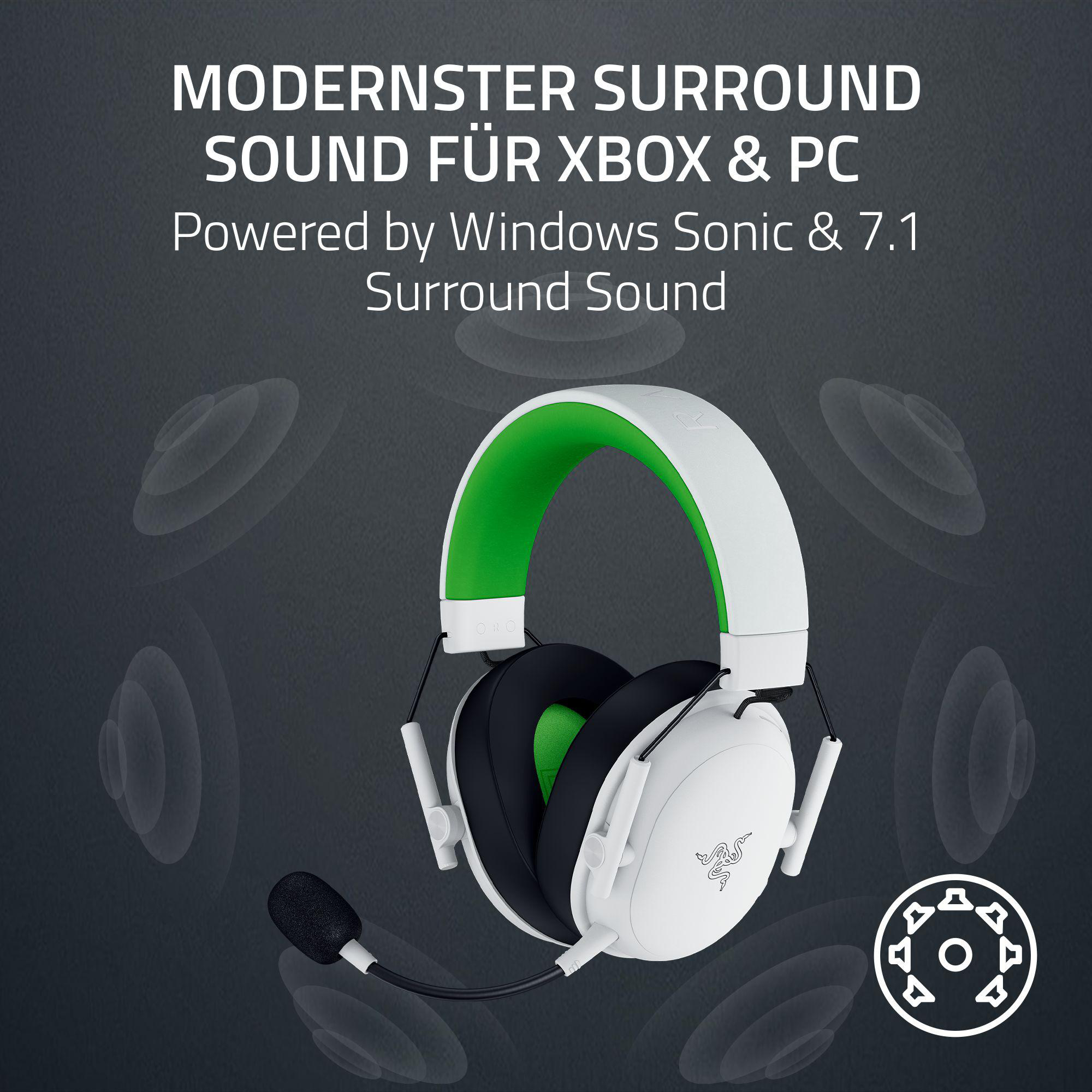 Ein weißes Headset mit grünen Akzenten und Mikrofon, für Xbox & PC.