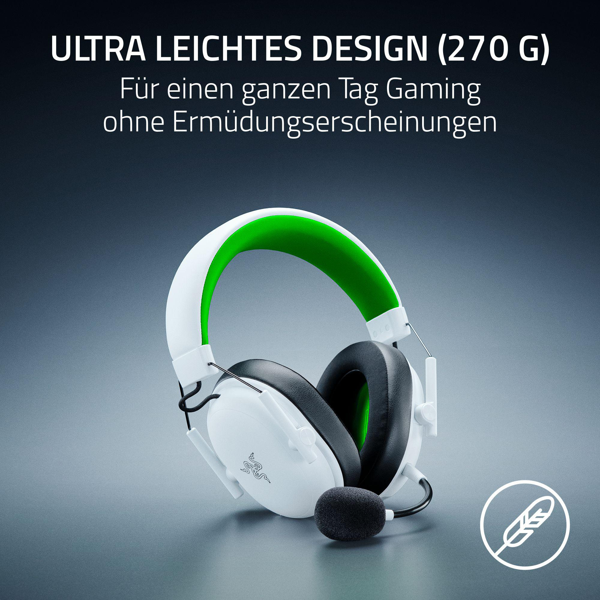 Weiße Gaming-Kopfhörer mit grünem Akzent und Mikrofon. Leichter Aufbau.