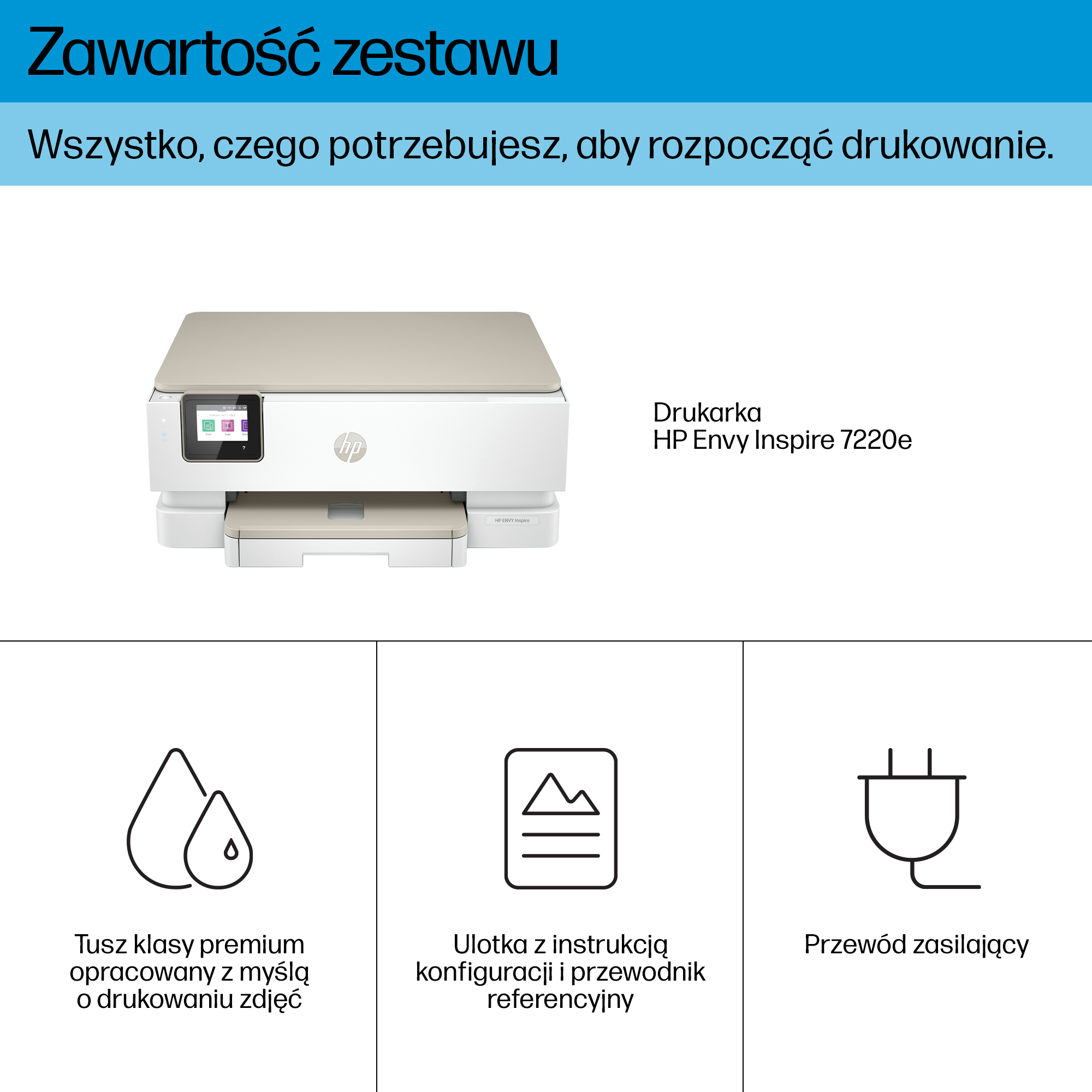 Drukarka HP Envy Inspire 7220e z tuszem premium, instrukcją i przewodem zasilającym.