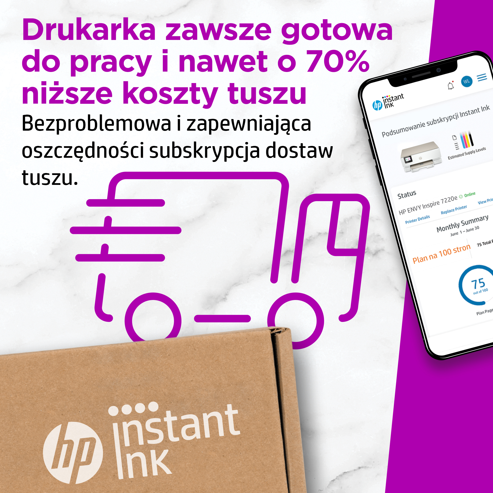 Smartfon wyświetla aplikację HP Instant Ink, pokazując stan drukarki i zużycie stron.