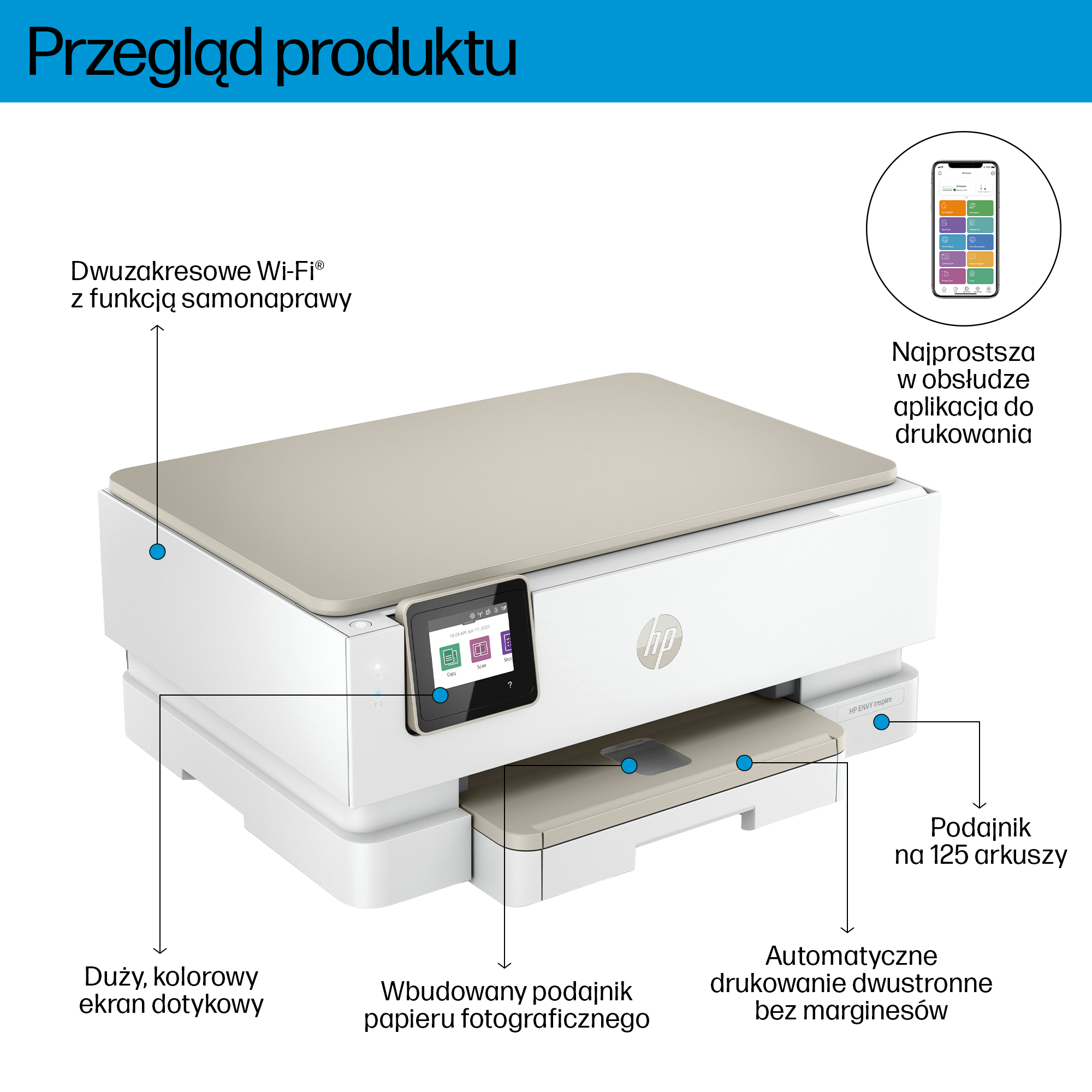 Biała drukarka HP z ekranem dotykowym, podajnikiem papieru i wyświetlaczem aplikacji.
