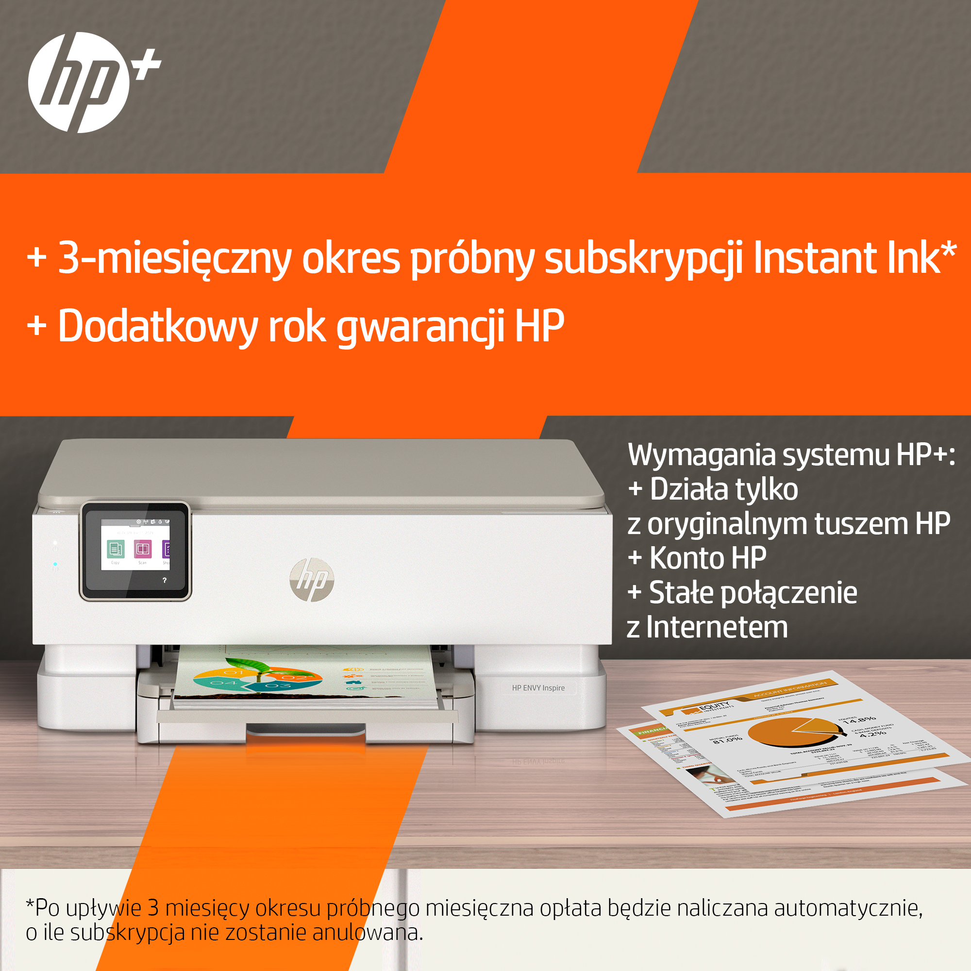 Biała drukarka HP z ekranem dotykowym i dokumentami na stole.