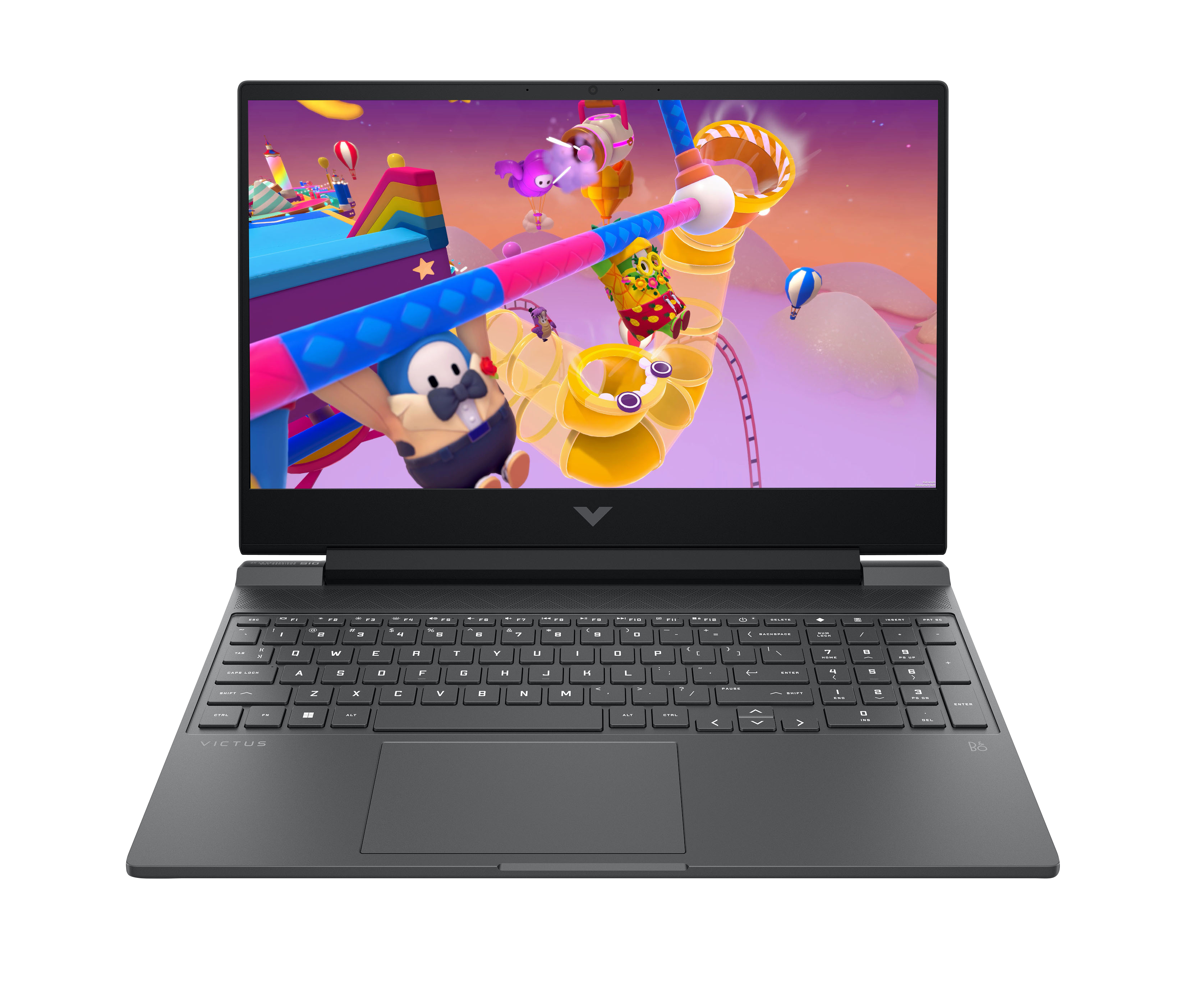 Laptop wyświetla kolorową grę wideo z postaciami na torze przeszkód.