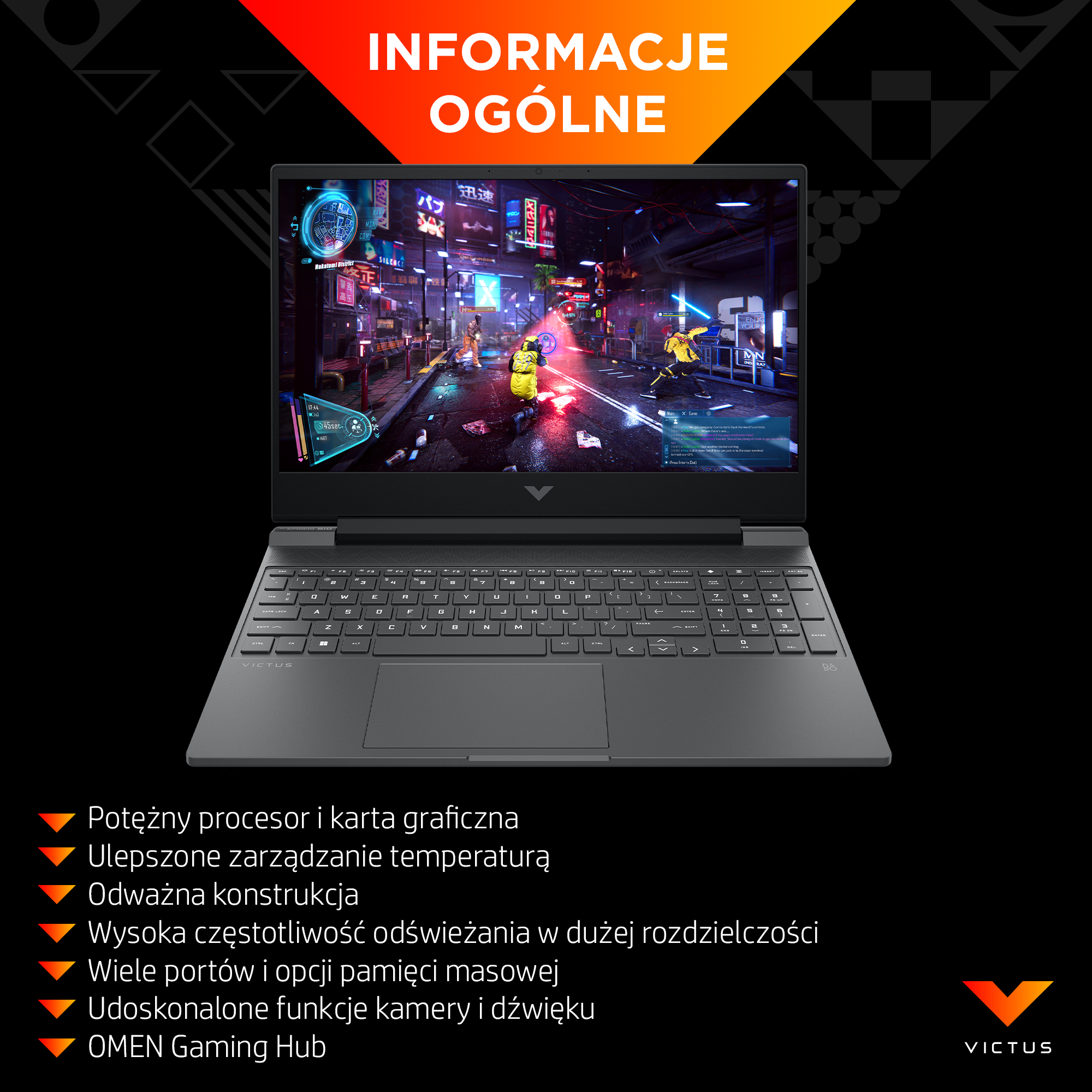 Laptop wyświetla grę cyberpunkową z neonami i postaciami.