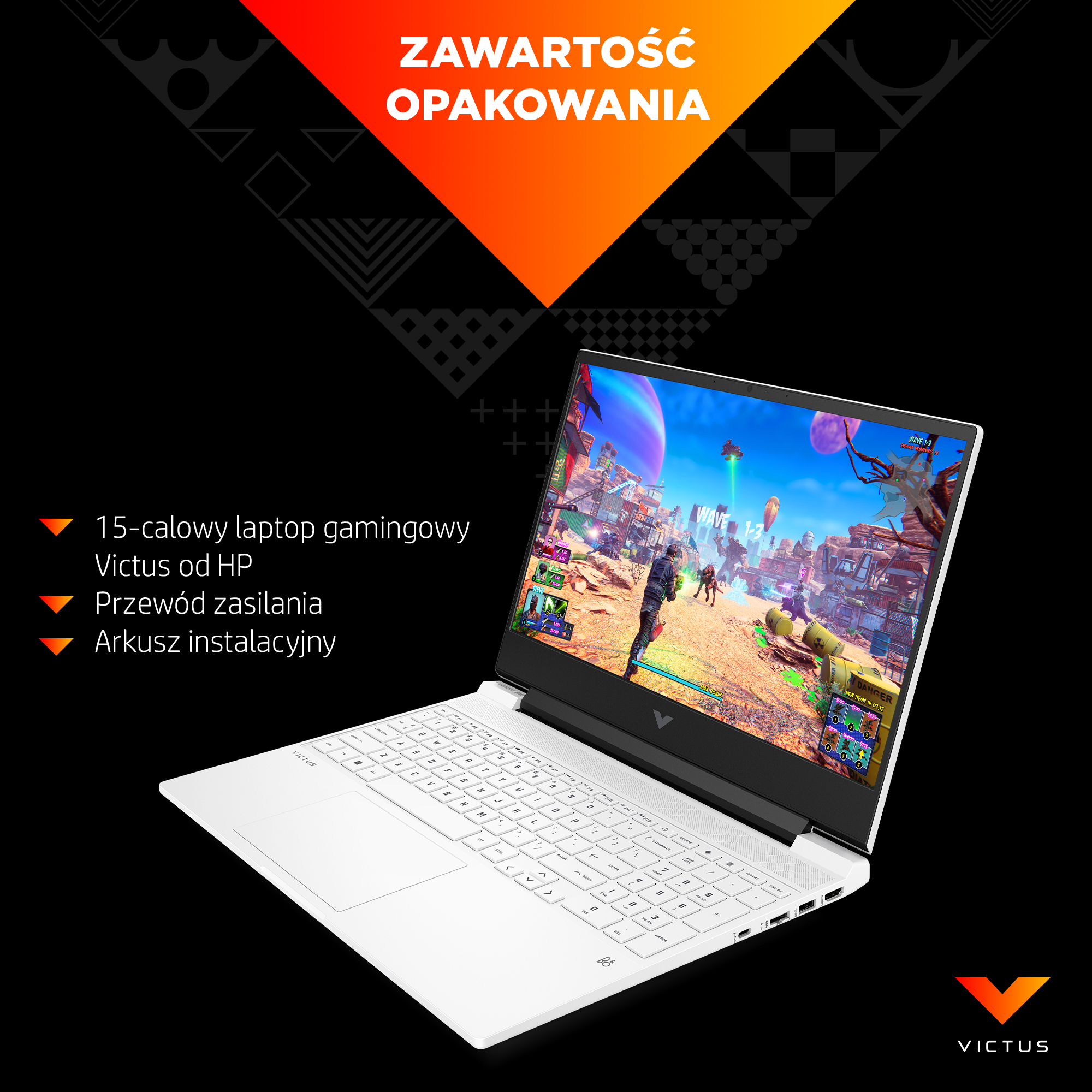 Biały laptop gamingowy HP Victus z grą na ekranie, kablem zasilającym i arkuszem instalacyjnym.