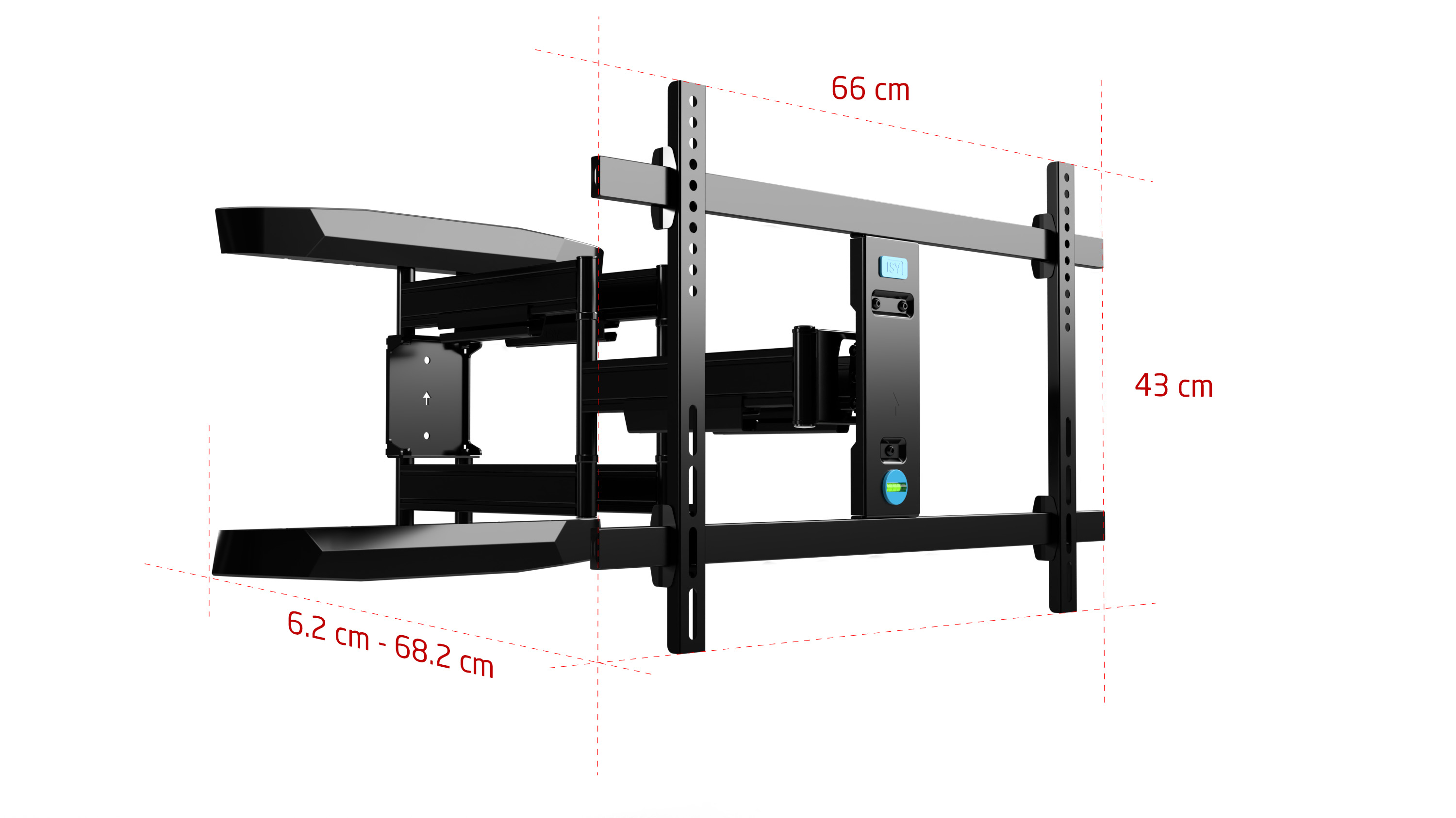 Czarny uchwyt ścienny do telewizora o wymiarach 66 cm, 43 cm i 6,2-68,2 cm.