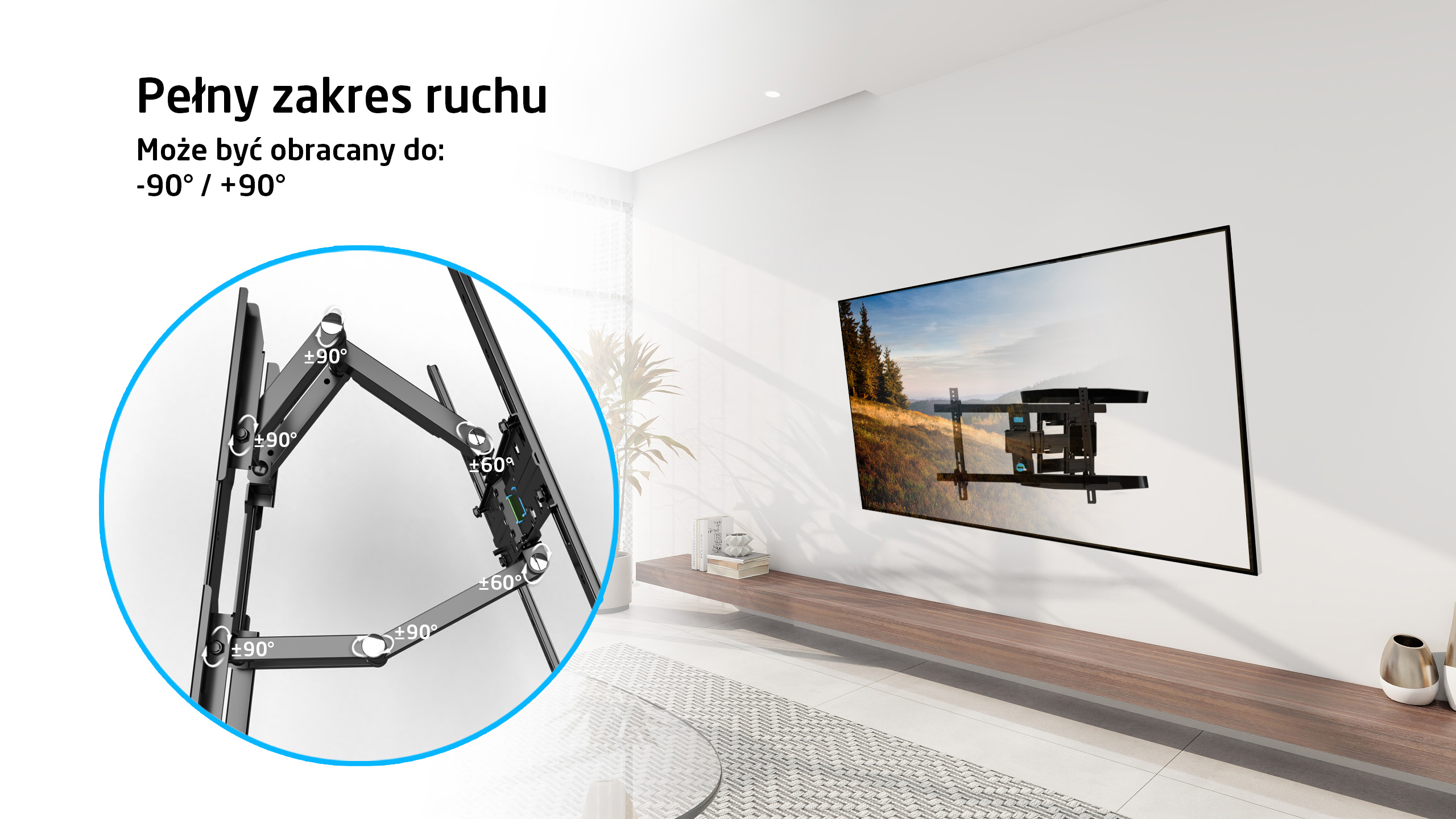 Telewizor na uchwycie ściennym, z detalami przegubowych ramion.