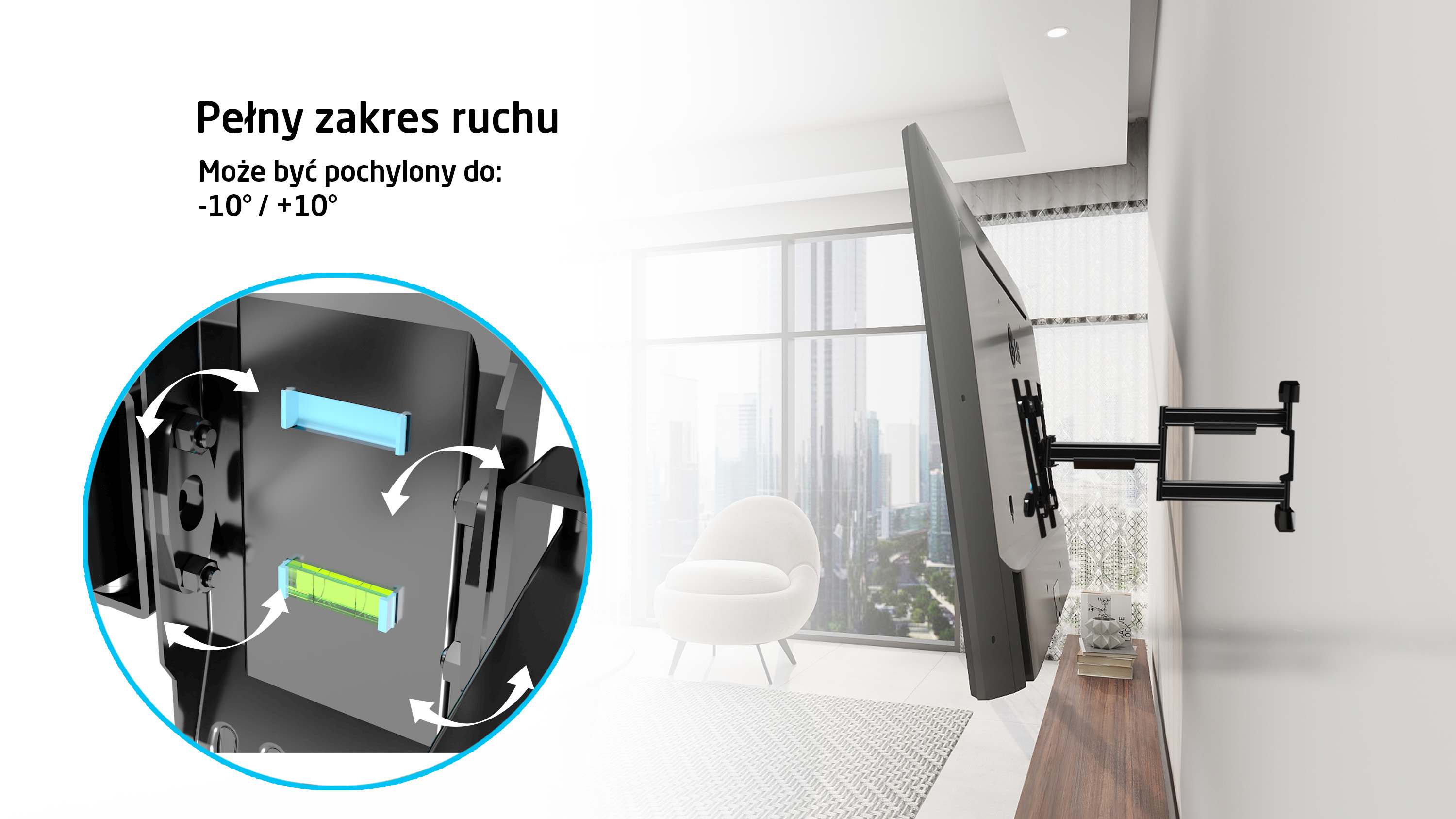 Telewizor zamontowany na uchwycie ściennym, z zbliżeniem na uchwyt.