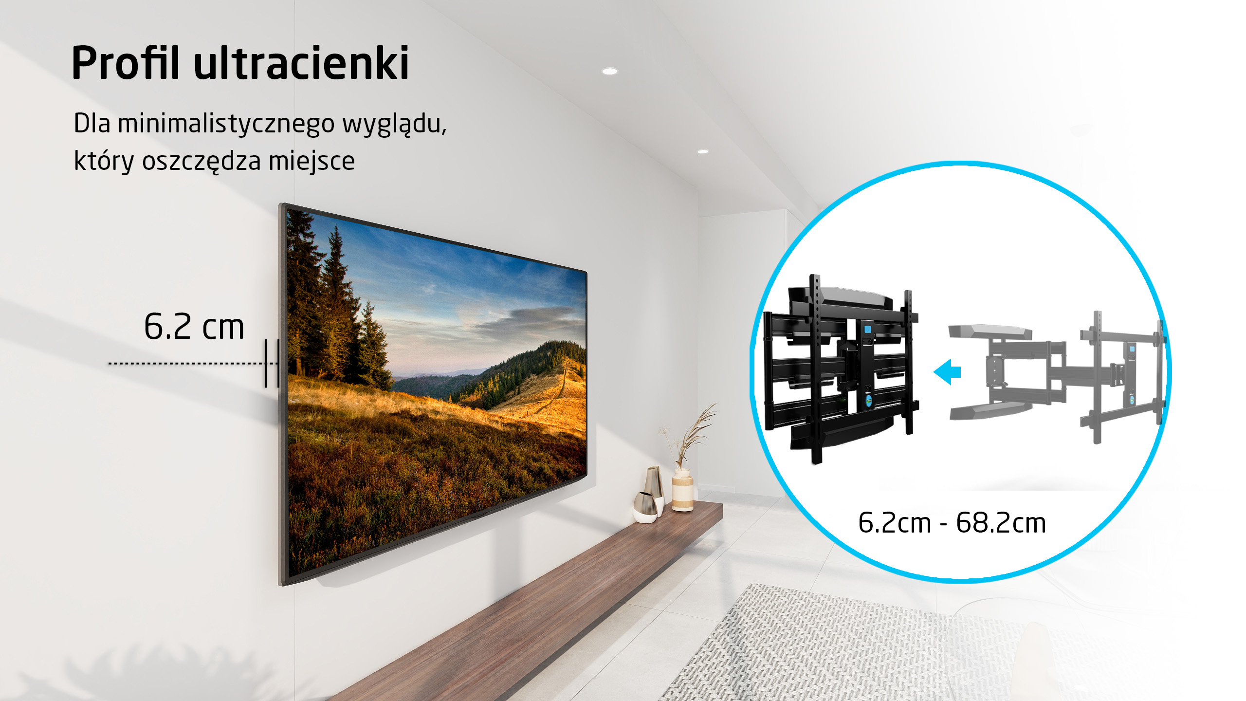 Czarny uchwyt ścienny TV, smukły profil, regulowane ramię, 6,2 cm.