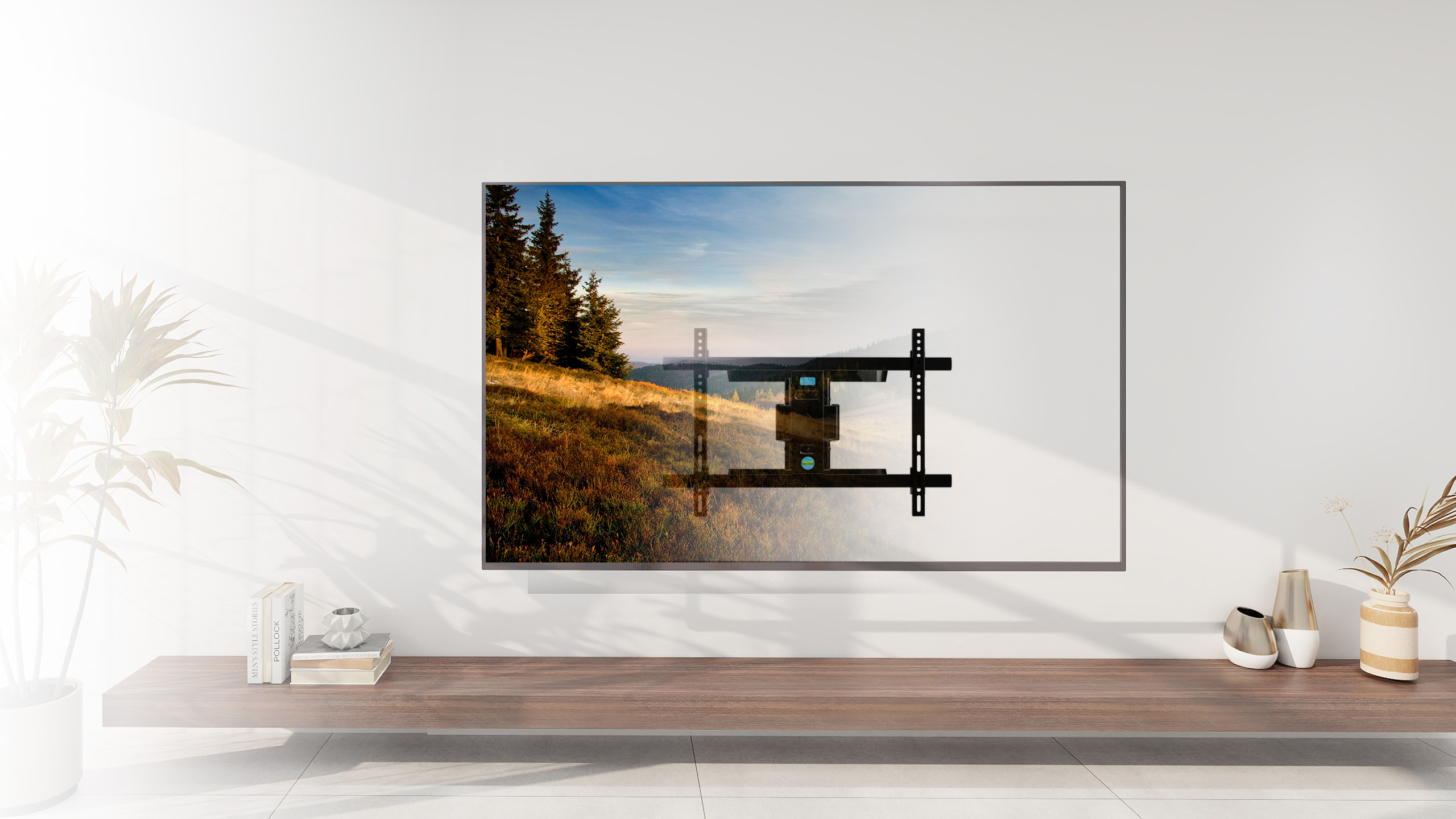 Nowoczesny stolik do salonu z książkami, wazonami i rośliną.