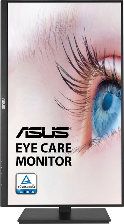 Logo ASUS Eye Care Monitor i zbliżenie niebieskiego oka z długimi rzęsami.