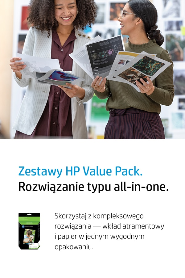Dwie kobiety trzymają dokumenty i zdjęcia, pokazano produkt HP.