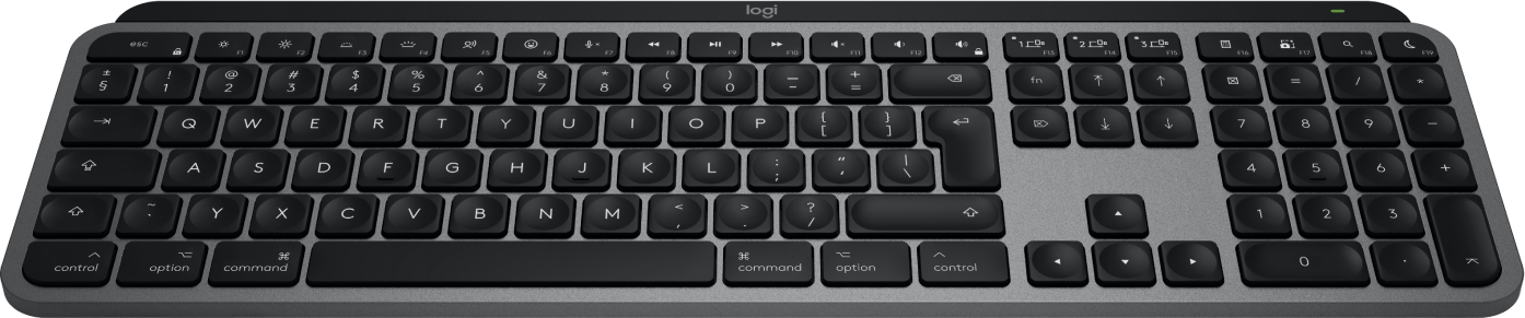 Szara klawiatura z czarnymi klawiszami i srebrną obudową.