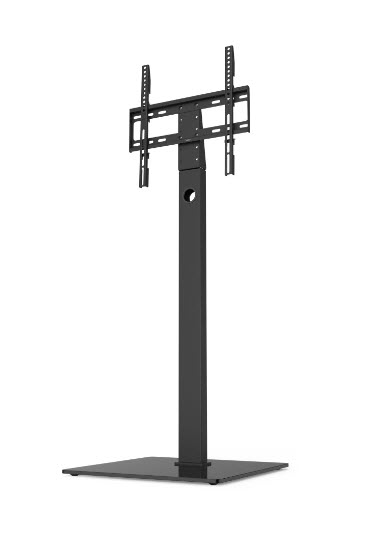 Czarny stojak pod telewizor z płaską podstawą i regulowanym słupkiem.
