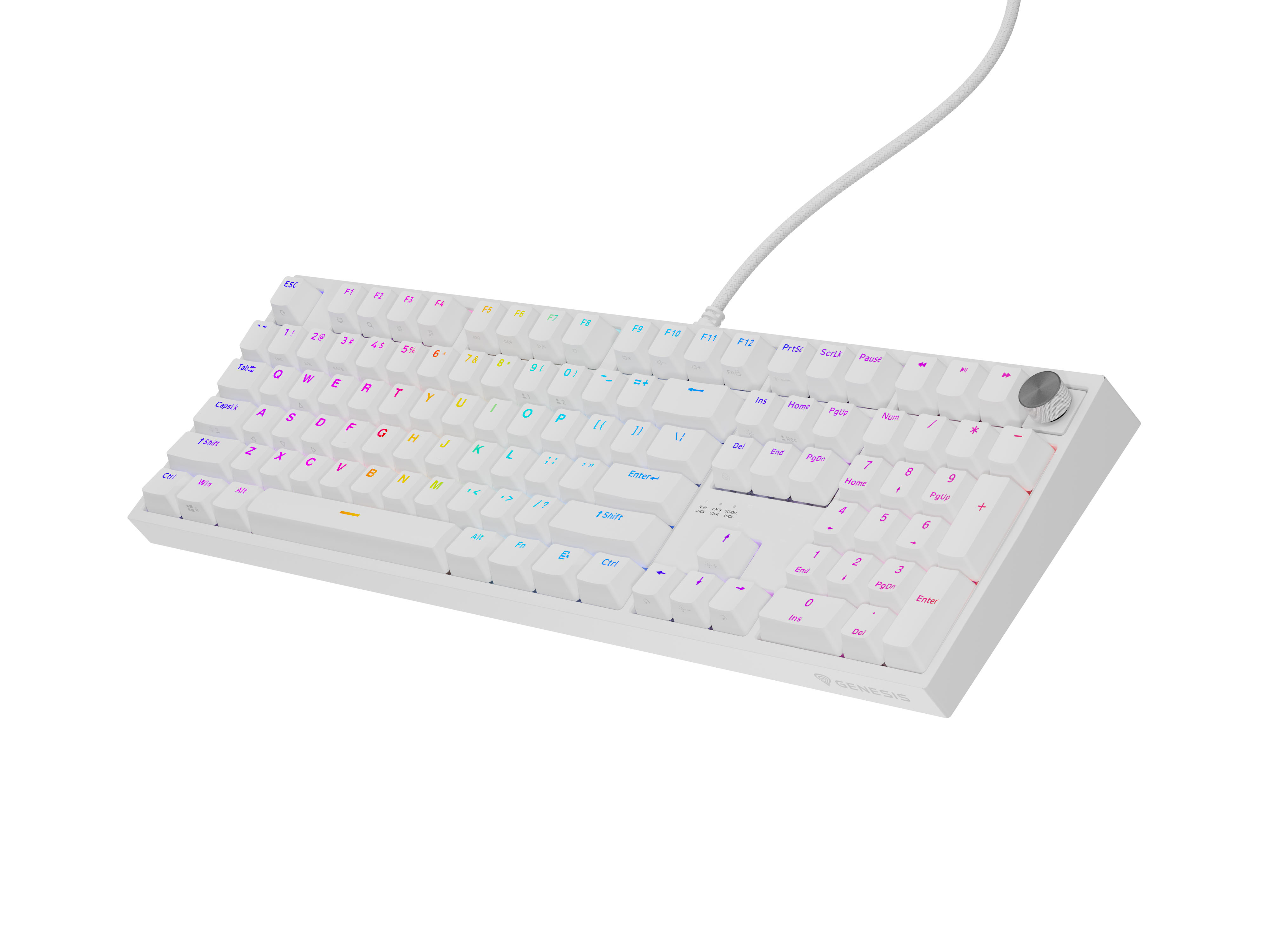 Biała klawiatura mechaniczna z podświetleniem RGB i srebrnym pokrętłem.