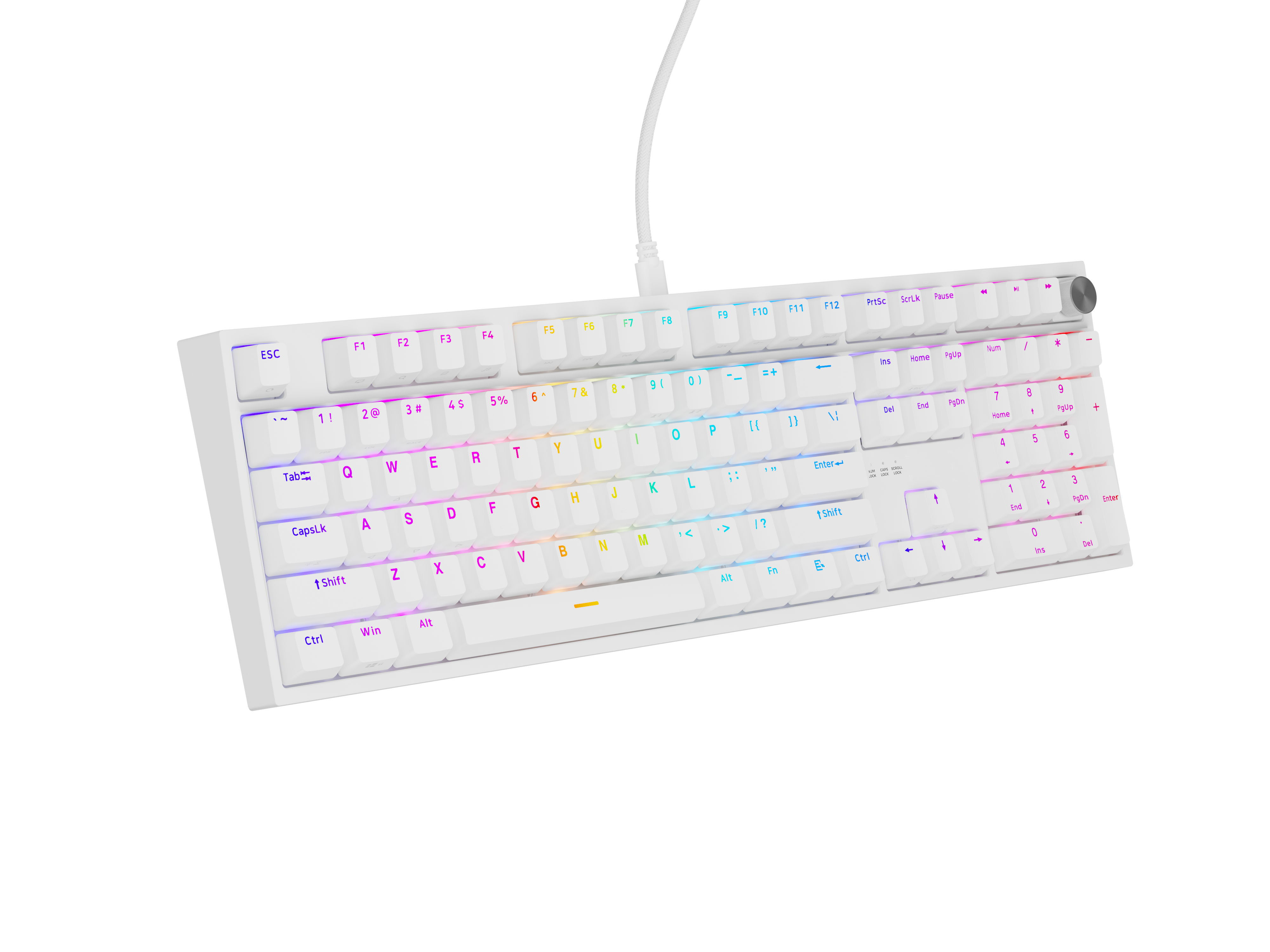 Biała klawiatura z podświetleniem RGB i srebrnym pokrętłem.