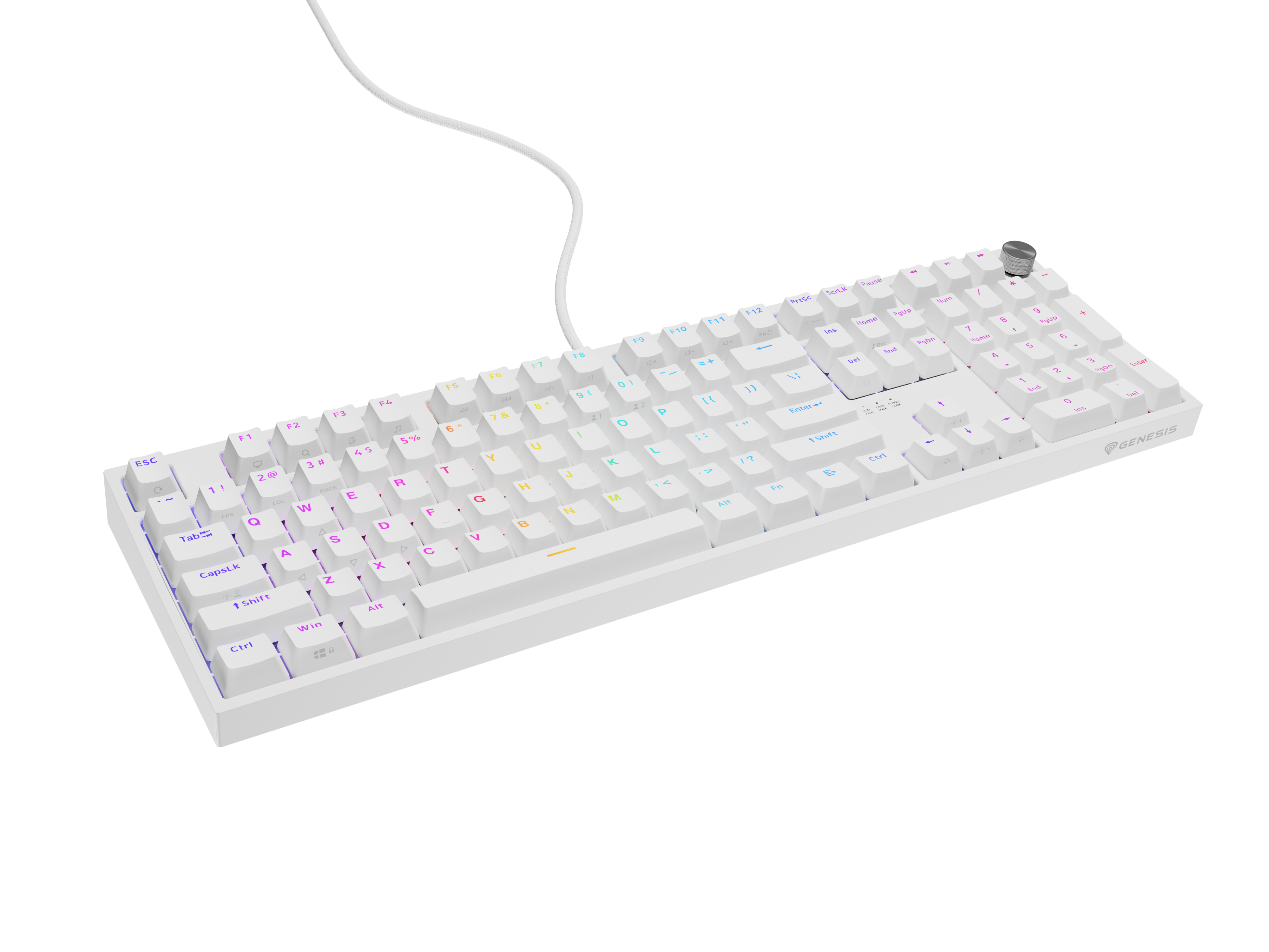 Biała klawiatura z podświetlanymi klawiszami RGB i srebrnym pokrętłem.
