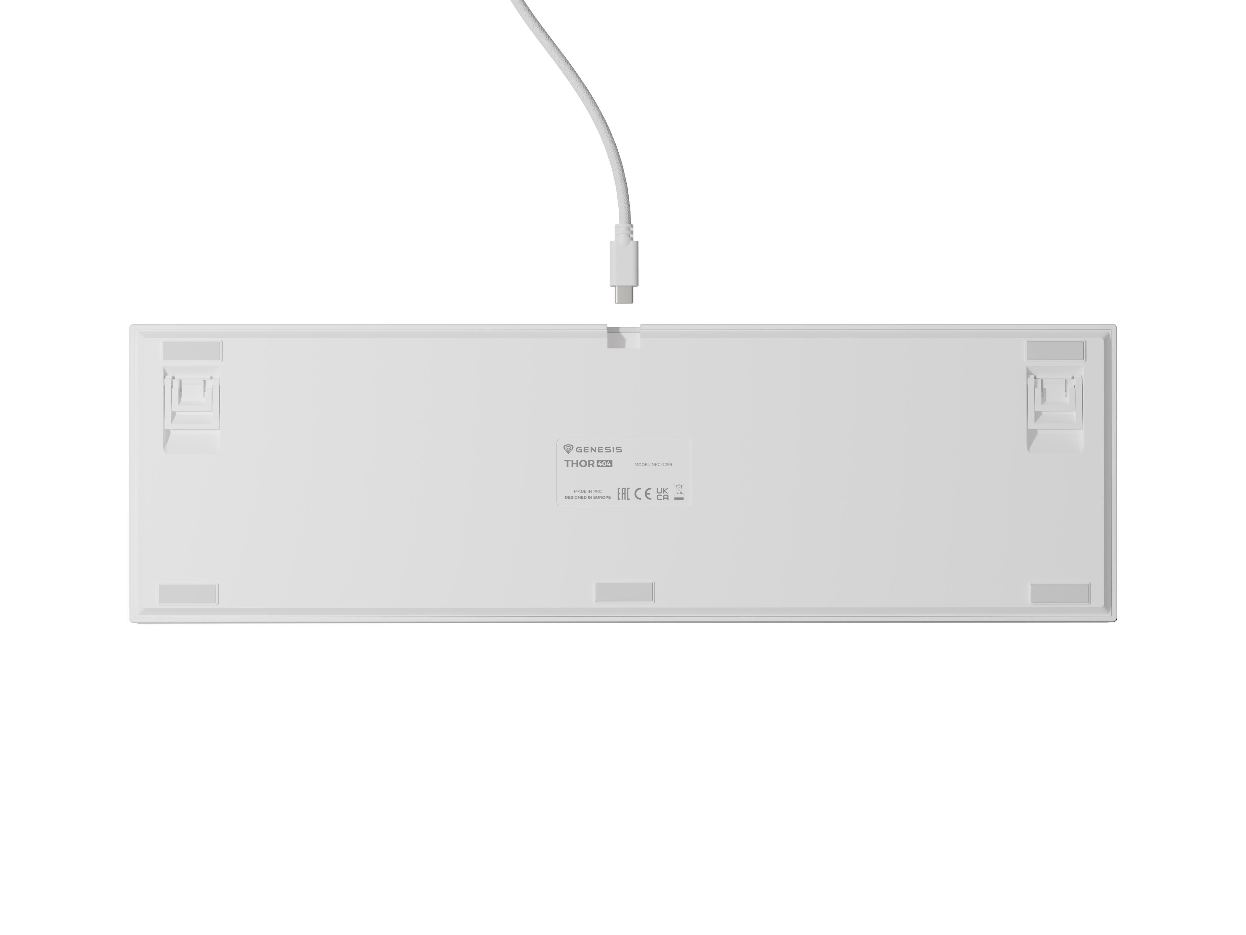 Biały tył klawiatury z kablem USB-C i oznaczeniami.