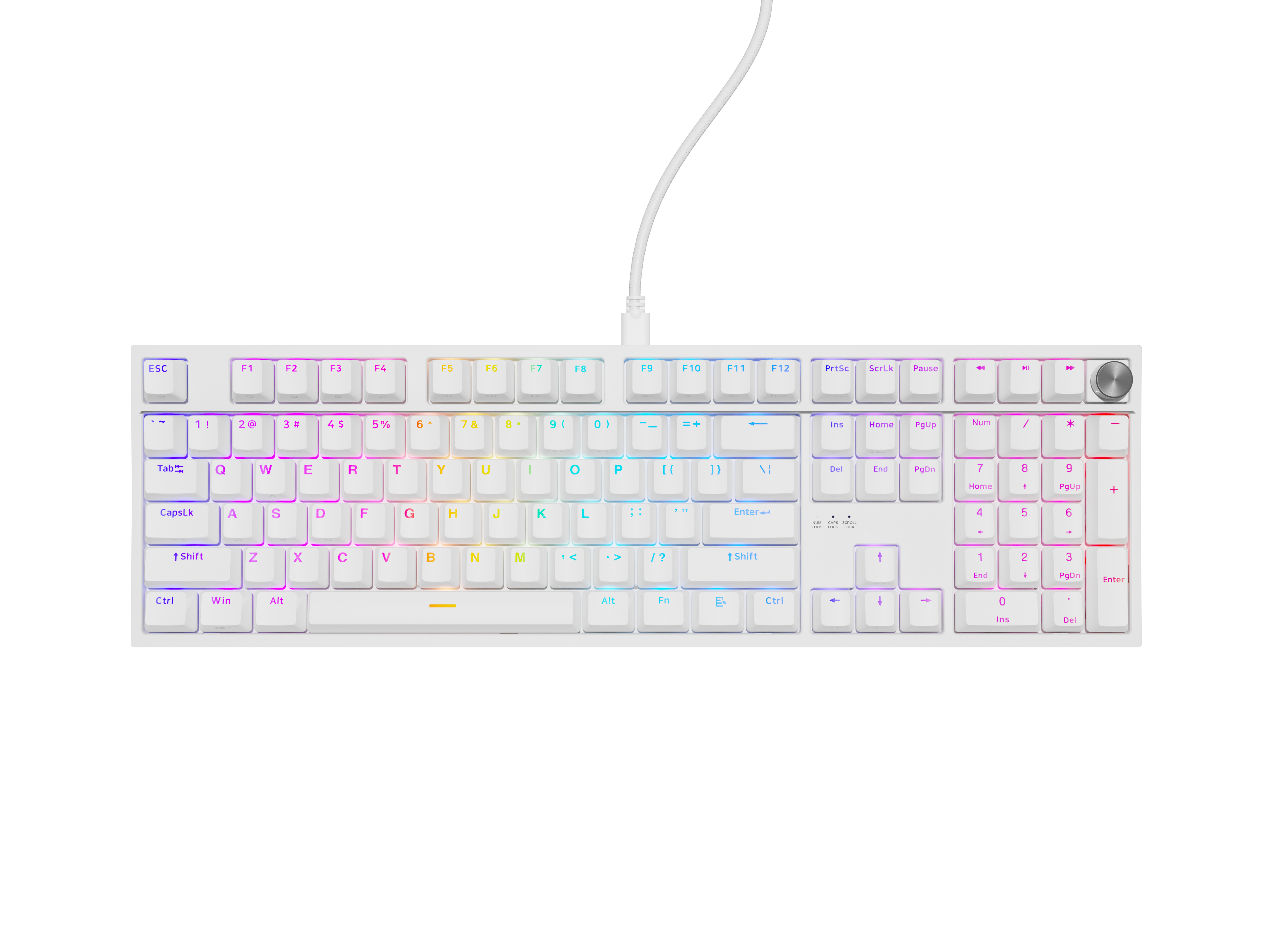 Biała klawiatura z podświetleniem RGB i srebrnym pokrętłem.