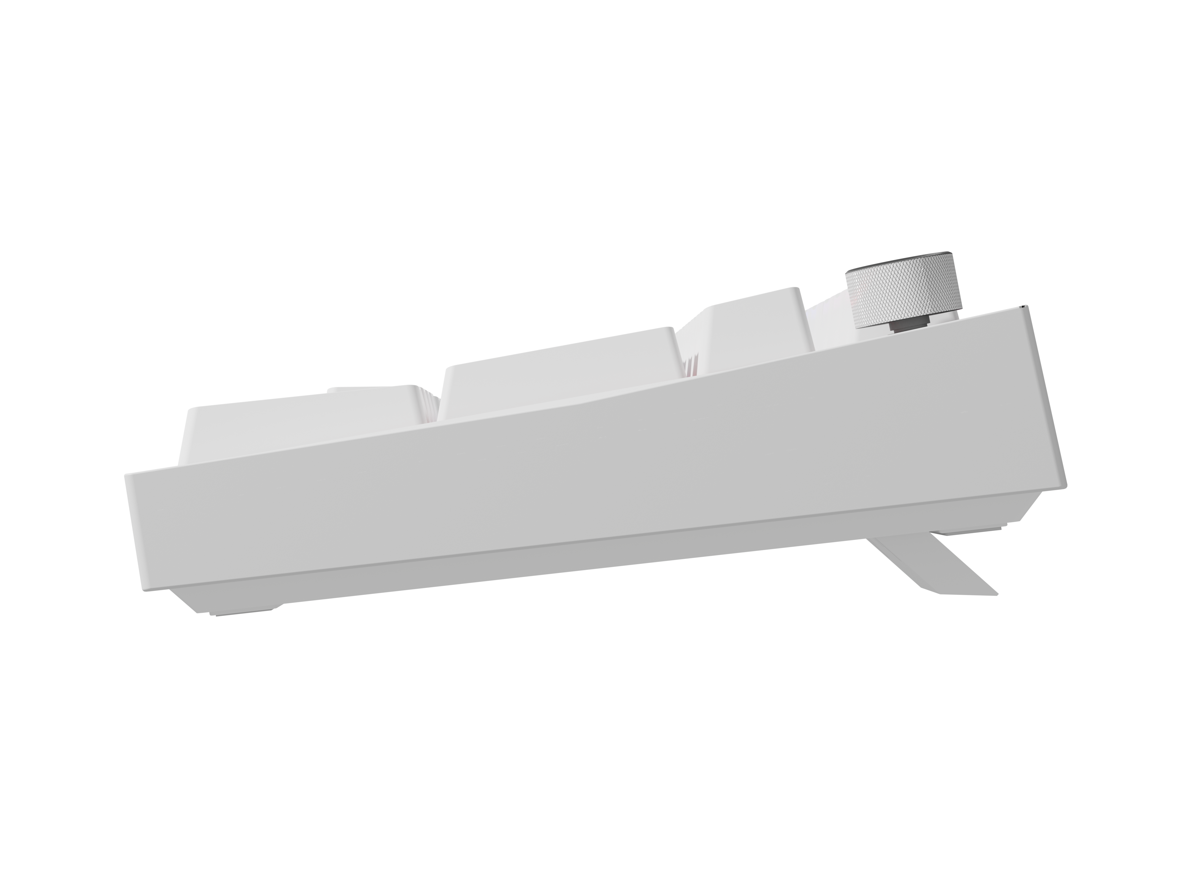 Biała klawiatura z pokrętłem w profilu na czarnym tle.