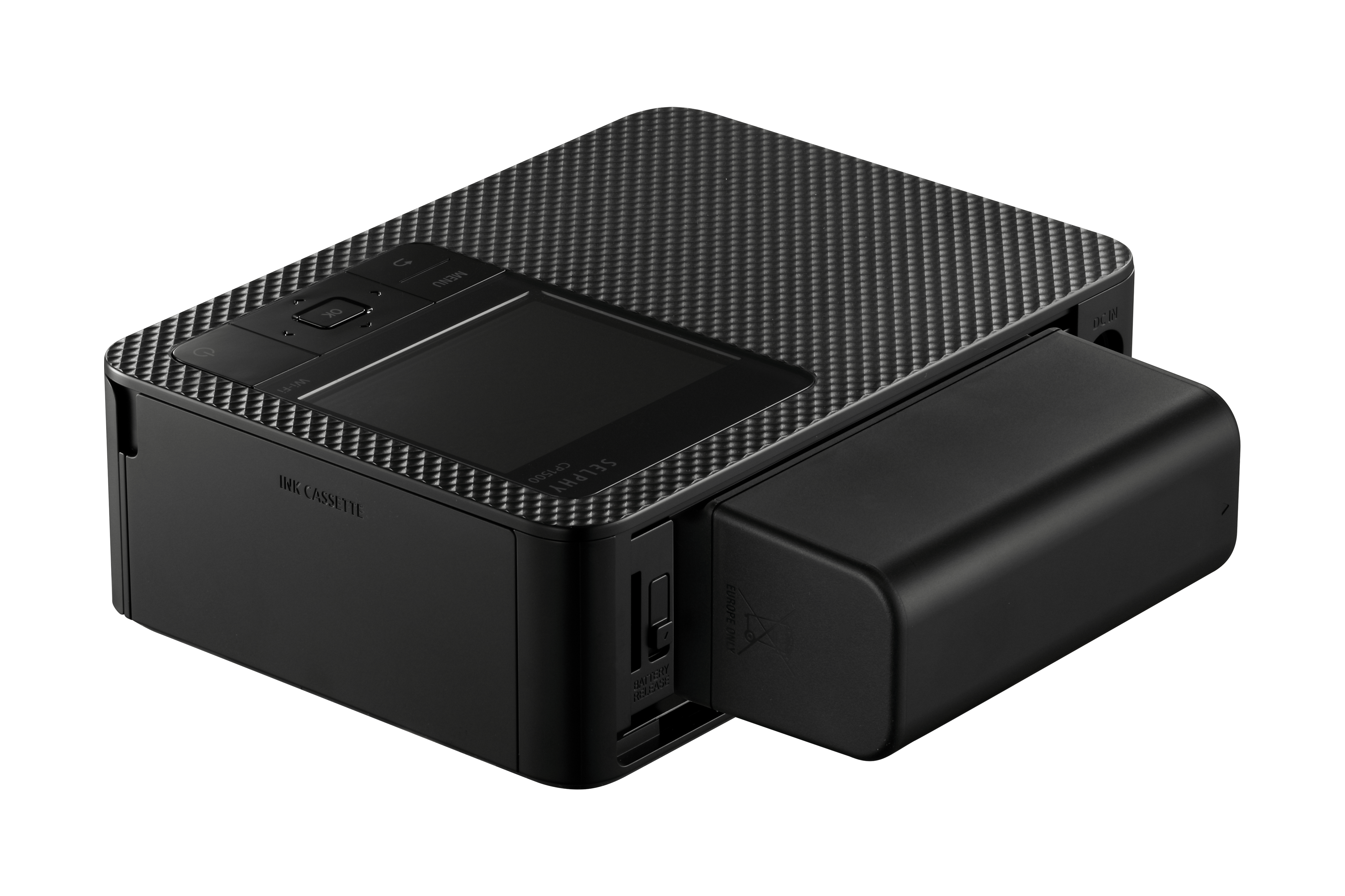 Czarna drukarka ze wzorem karbonu, wyświetlaczem i kasetą z tuszem.