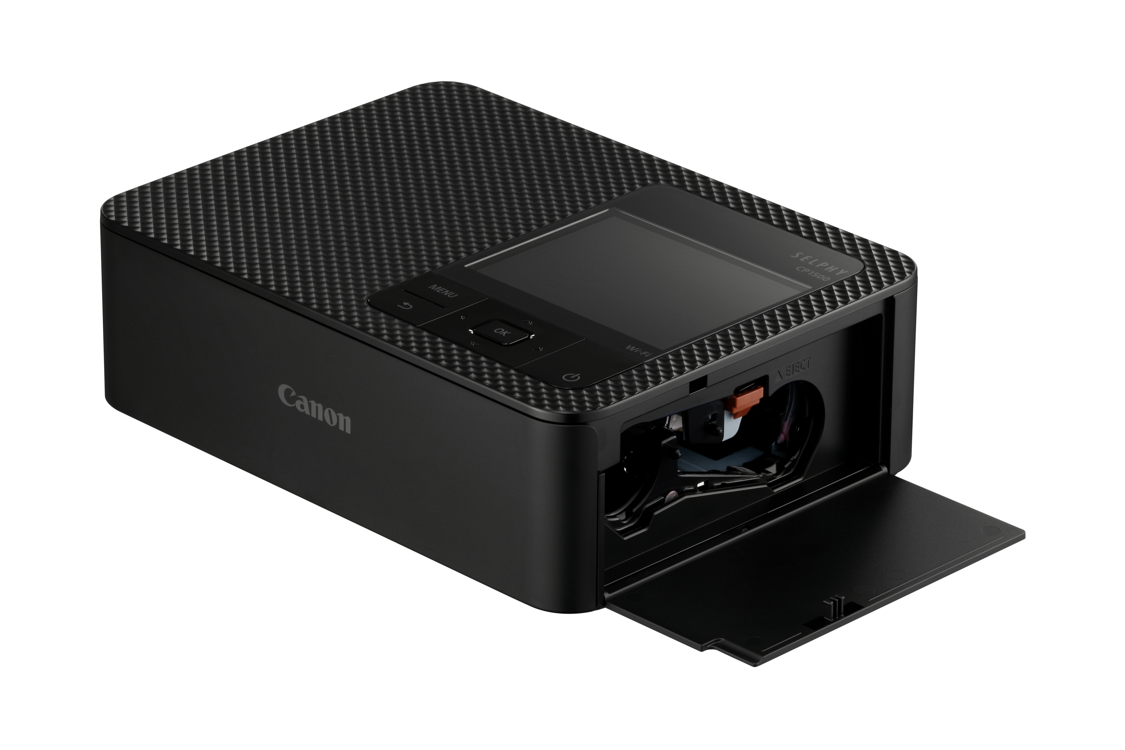 Czarna drukarka Canon Selphy CP1500 z otwartą komorą i ekranem.