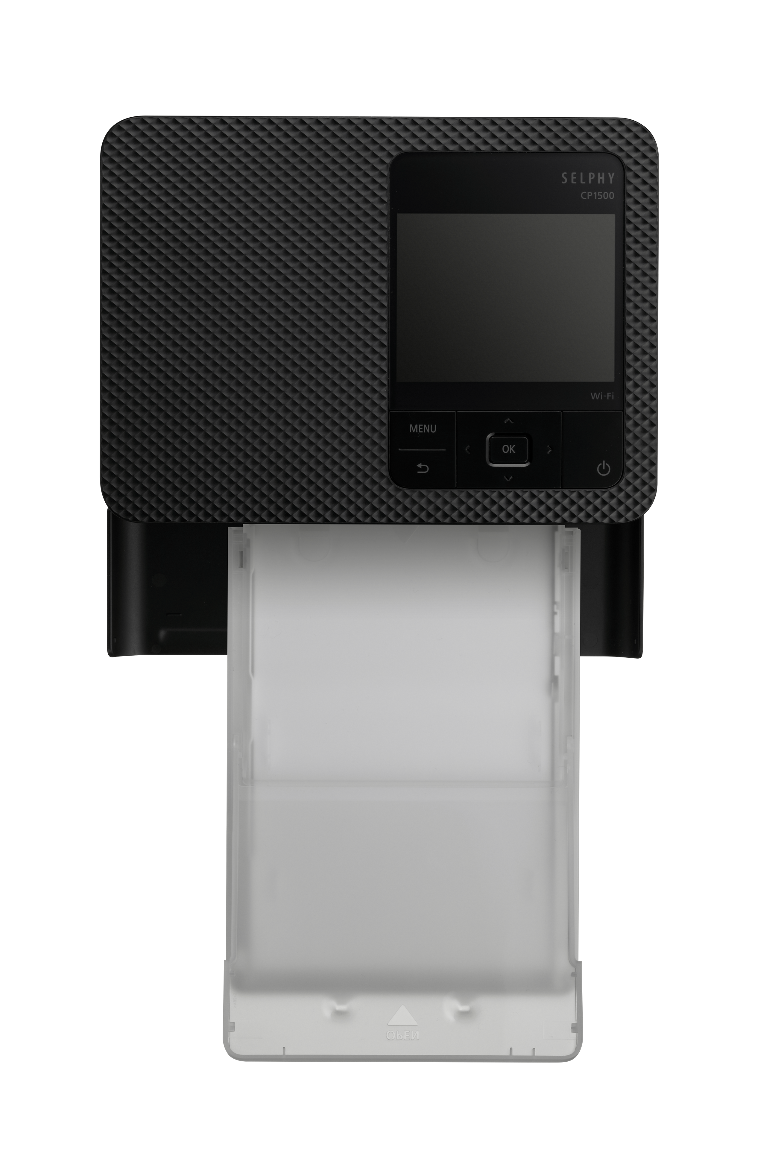 Czarna drukarka Canon Selphy CP1500 z wysuniętą tacą na papier.