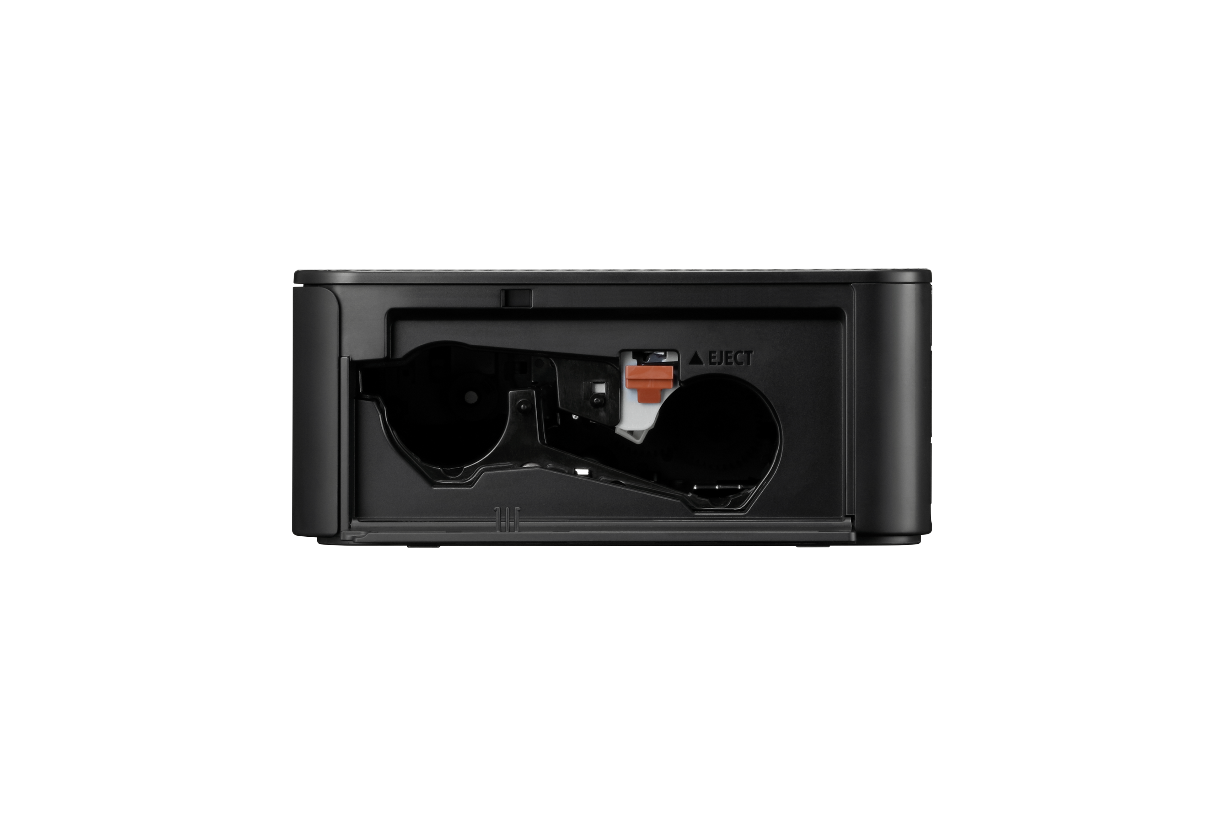 Czarny otwór drukarki z oznaczeniem eject i pomarańczową dźwignią.
